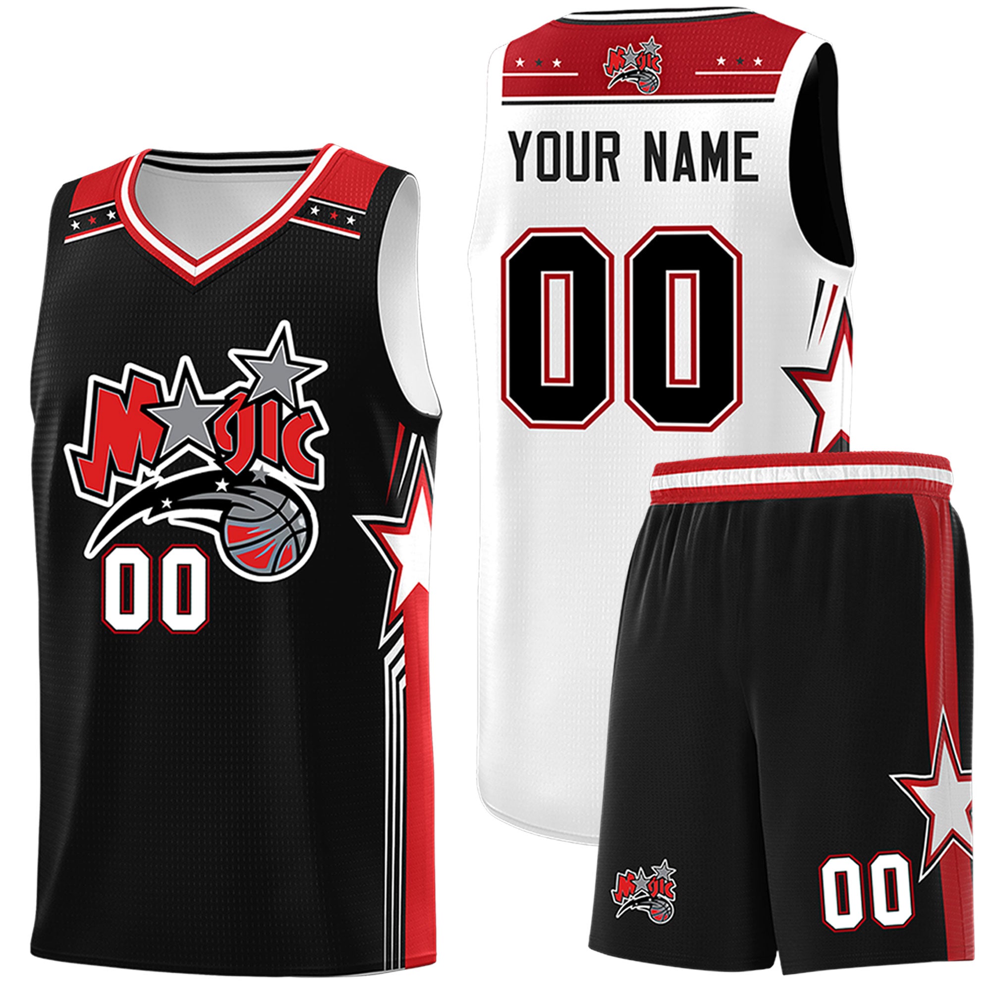 Custom Black White Red Star Graffiti Pattern Double Side Sets Basketball Uniform