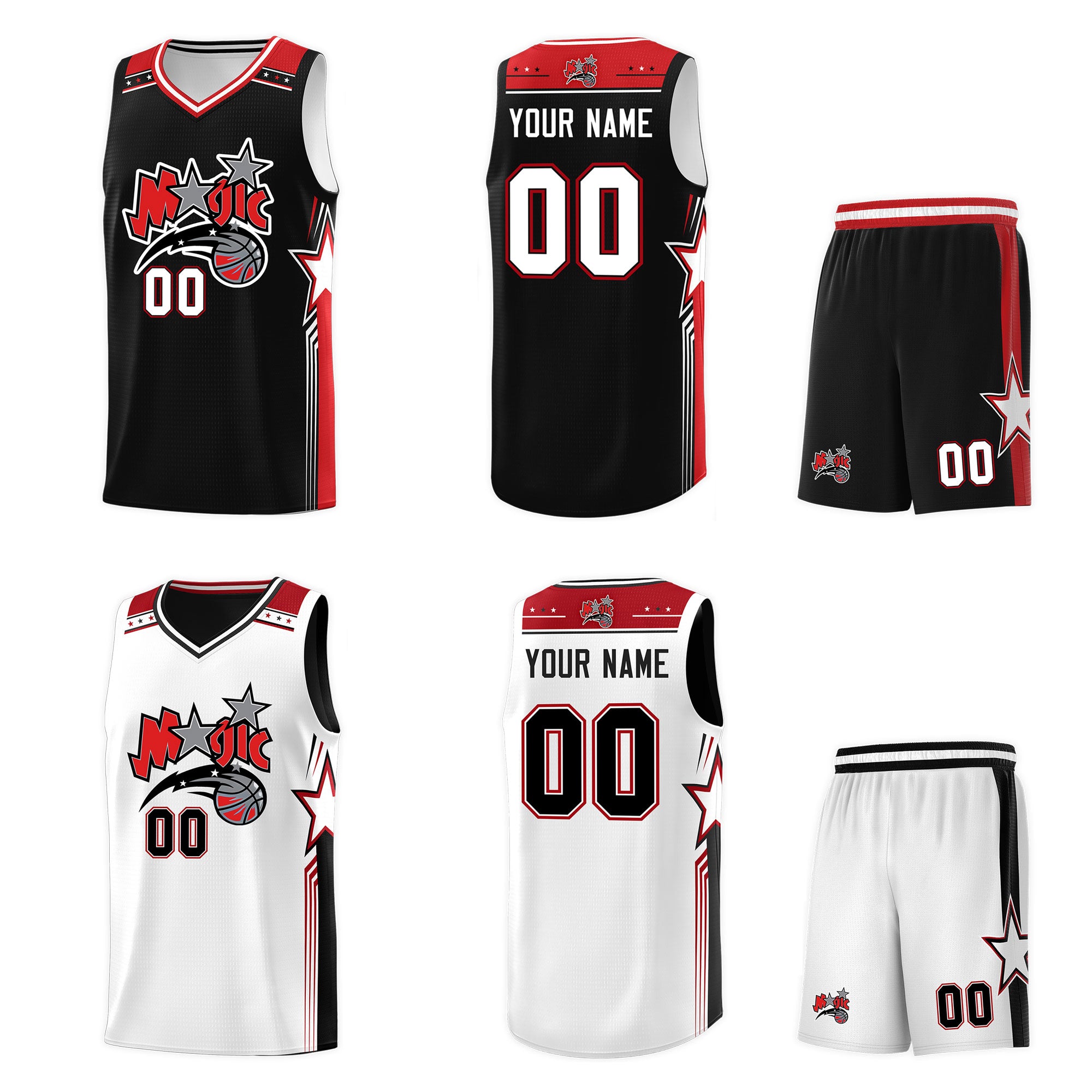 Custom Black White Red Star Graffiti Pattern Double Side Sets Basketball Uniform