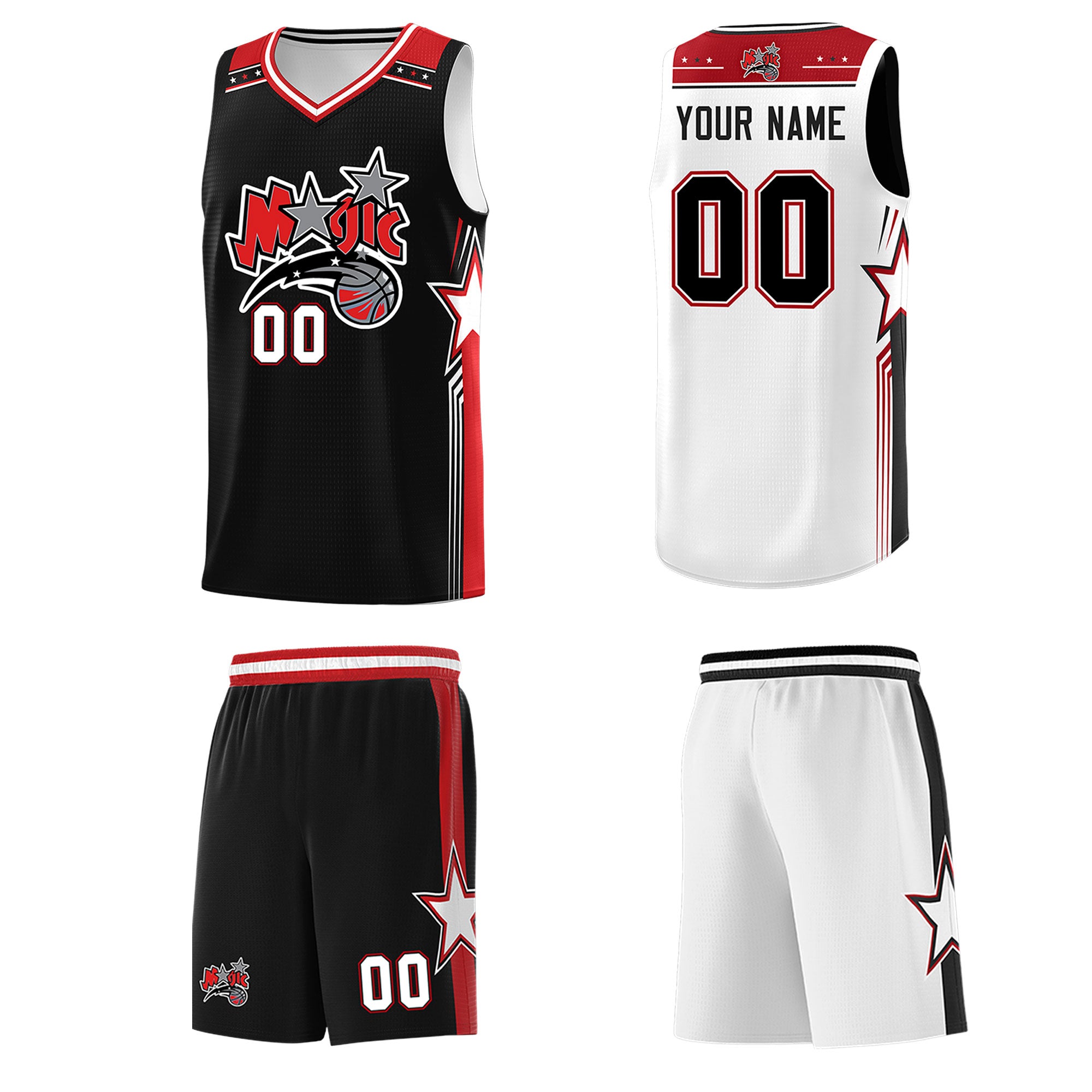 Custom Black White Red Star Graffiti Pattern Double Side Sets Basketball Uniform