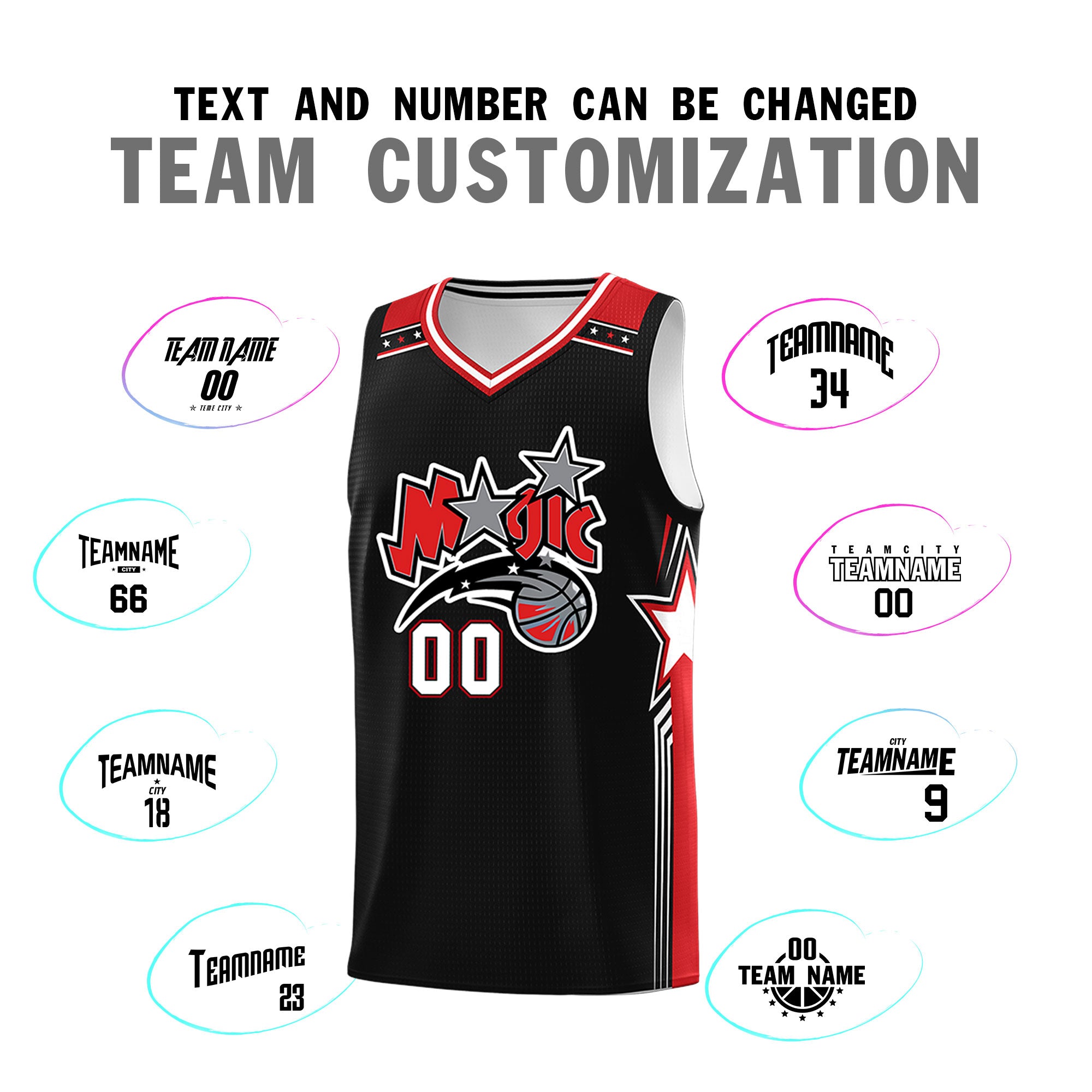 Custom Black White Red Star Graffiti Pattern Double Side Sets Basketball Uniform