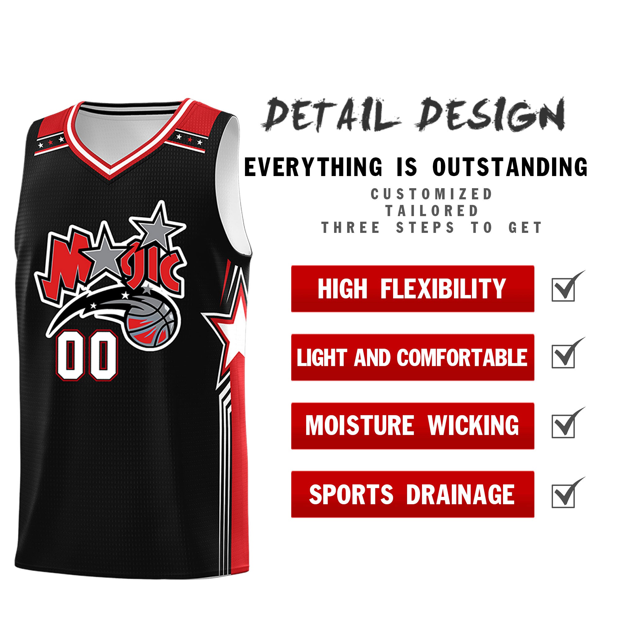 Custom Black White Red Star Graffiti Pattern Double Side Sets Basketball Uniform