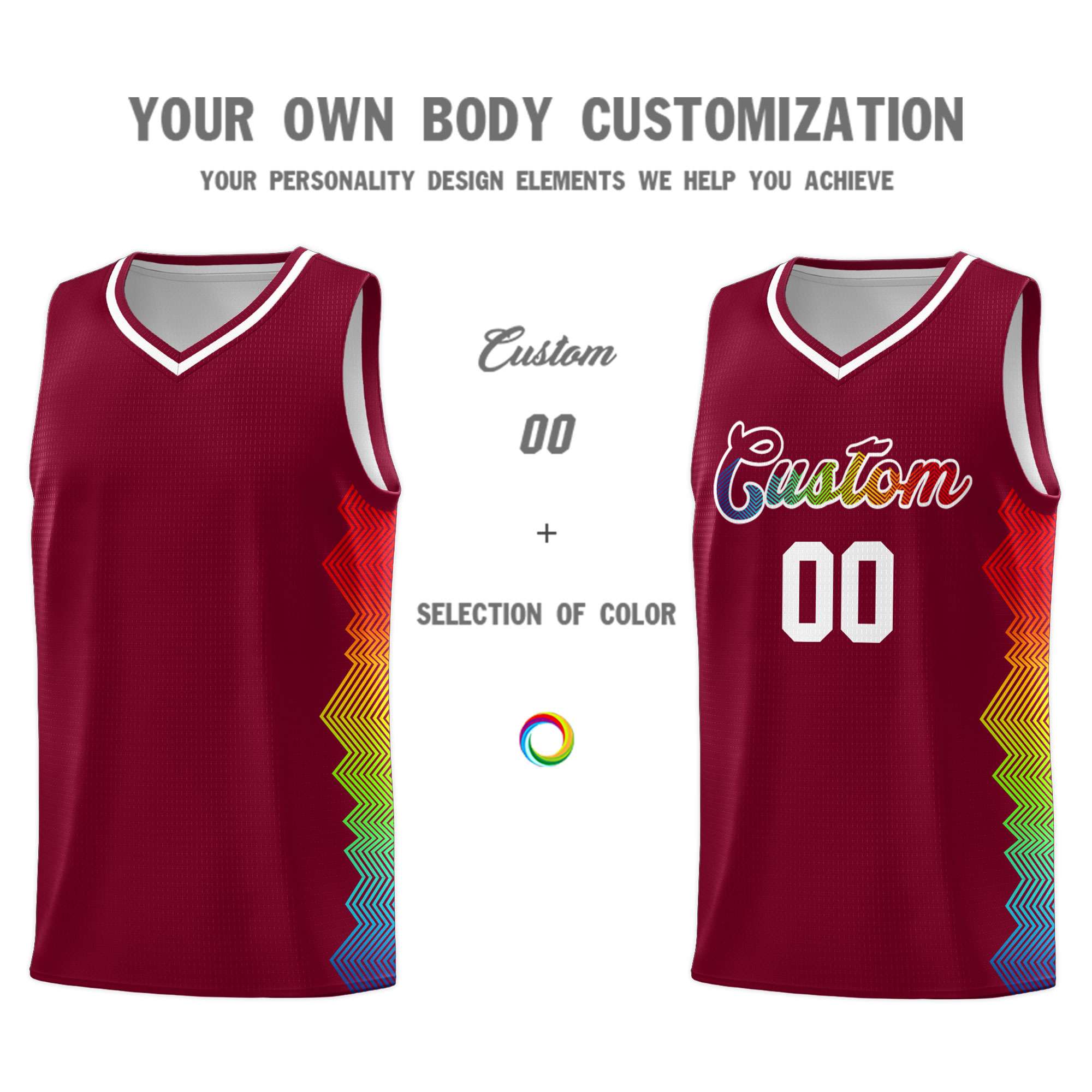 Custom Crimson Denver Nuggets Rainbow Side Sports Uniform Basketball Jersey