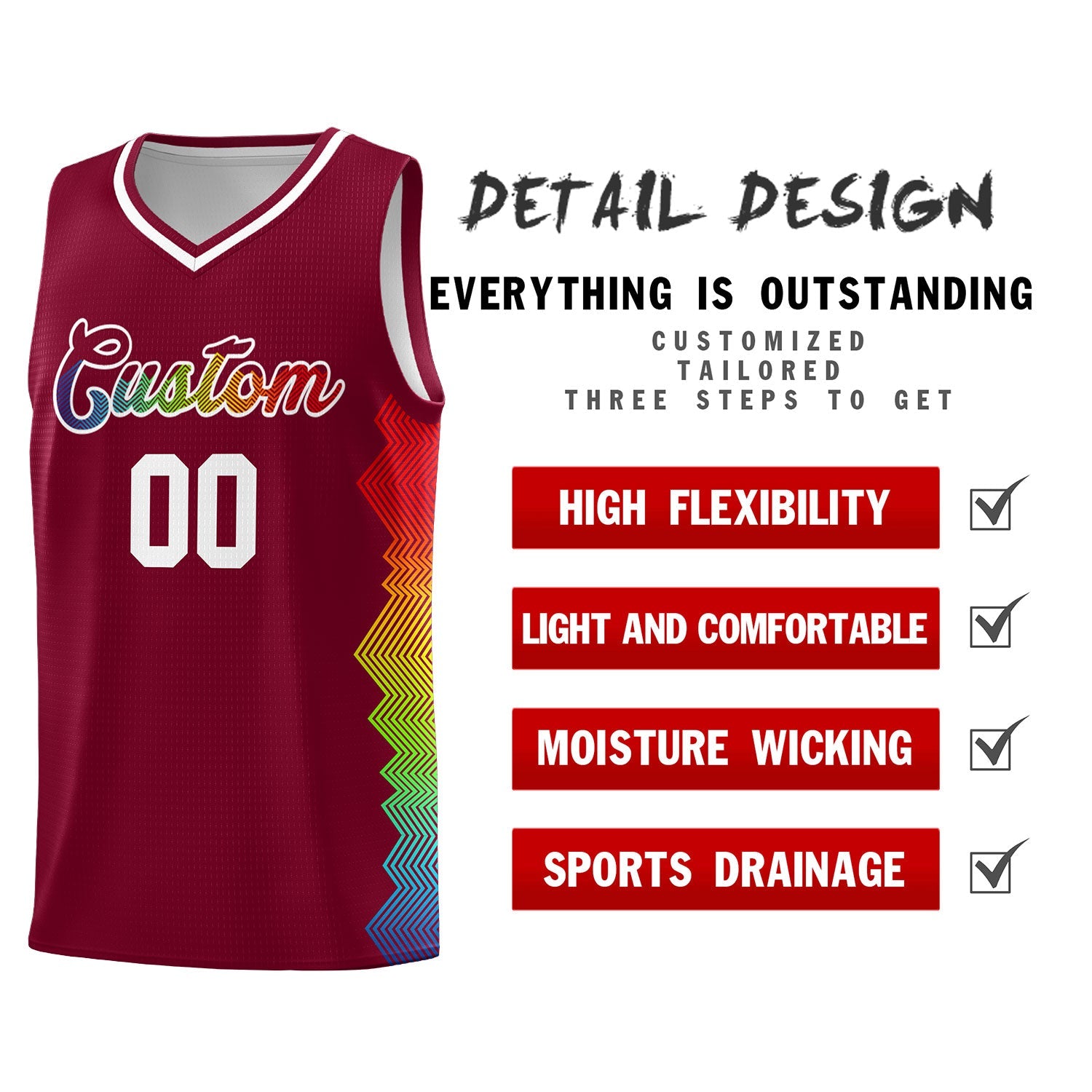 Custom Crimson Denver Nuggets Rainbow Side Sports Uniform Basketball Jersey