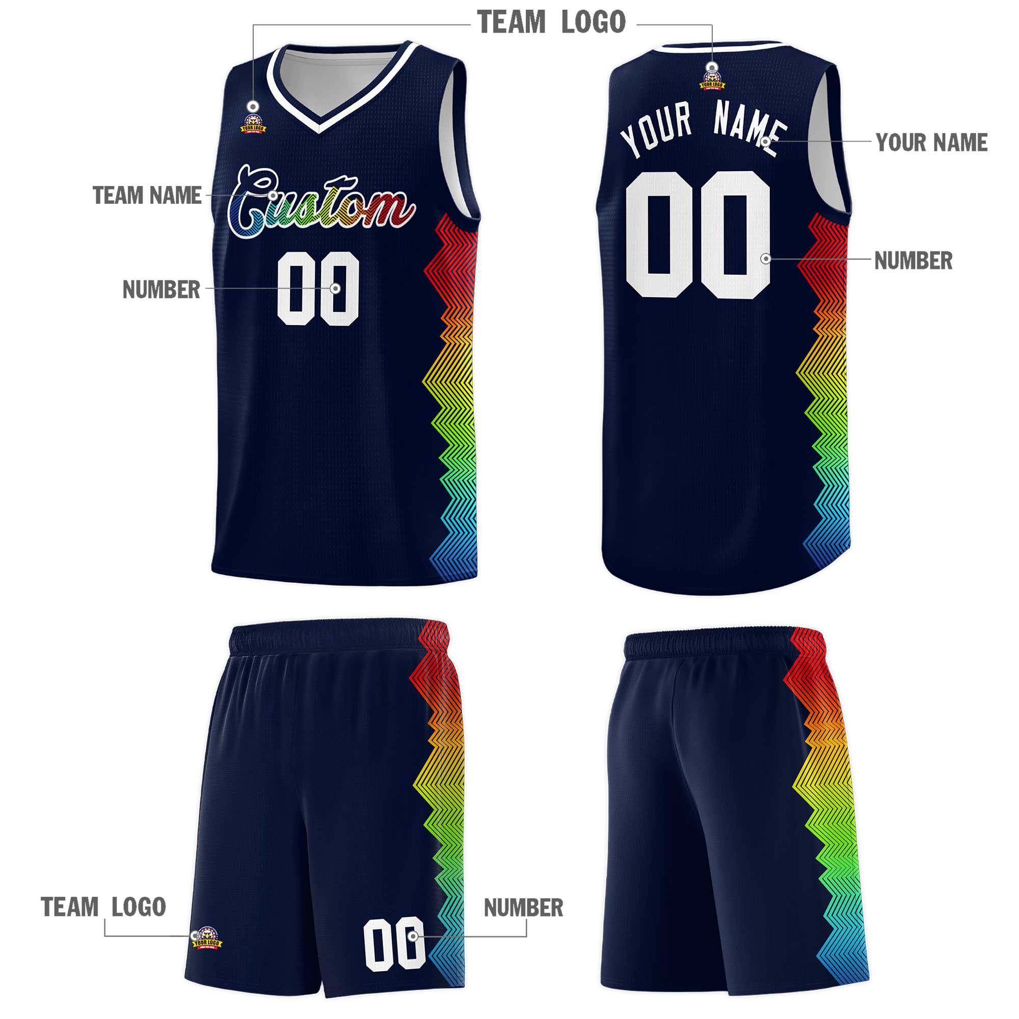 Custom Navy Denver Nuggets Rainbow Side Sports Uniform Basketball Jersey