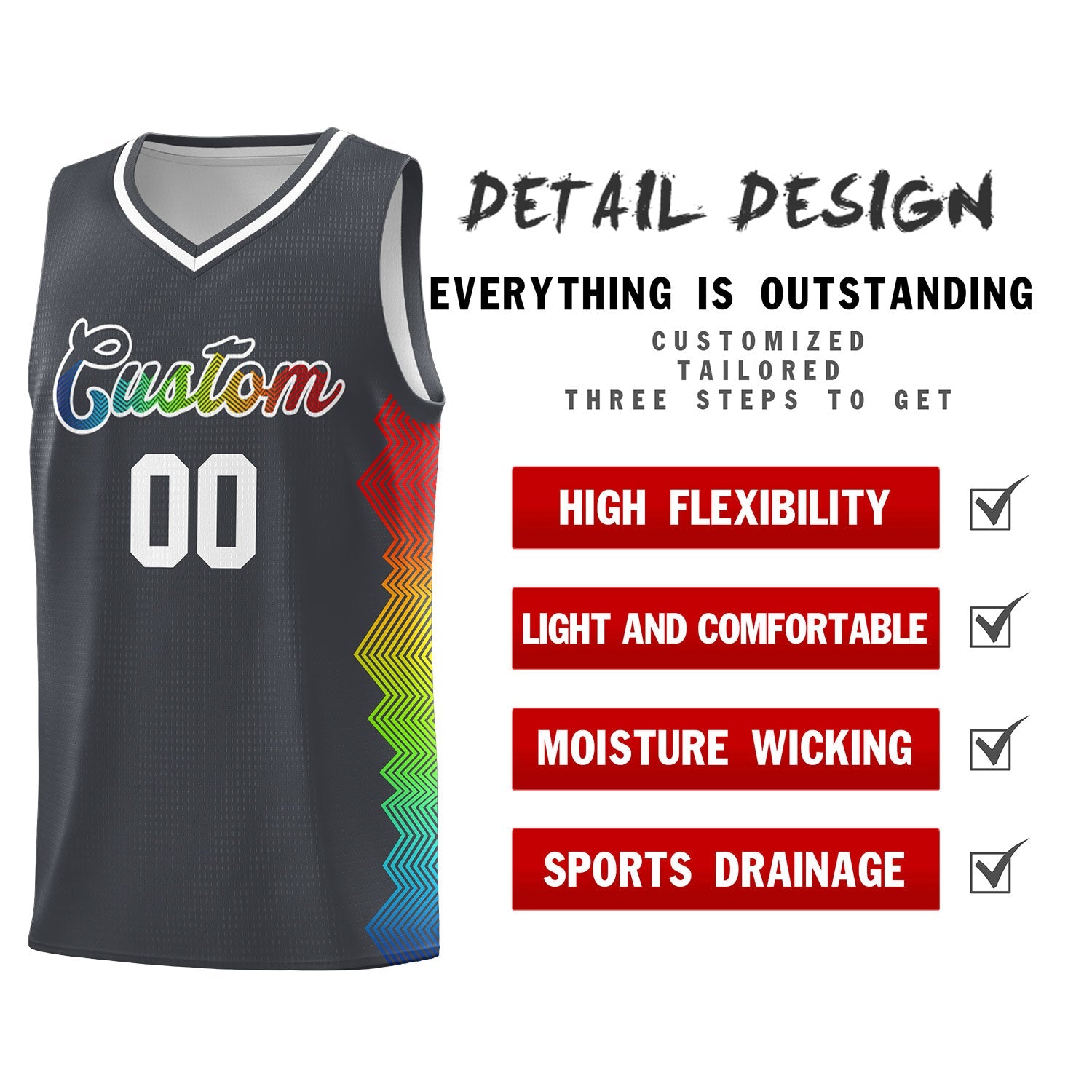 Custom Dark Gray Denver Nuggets Rainbow Side Sports Uniform Basketball Jersey