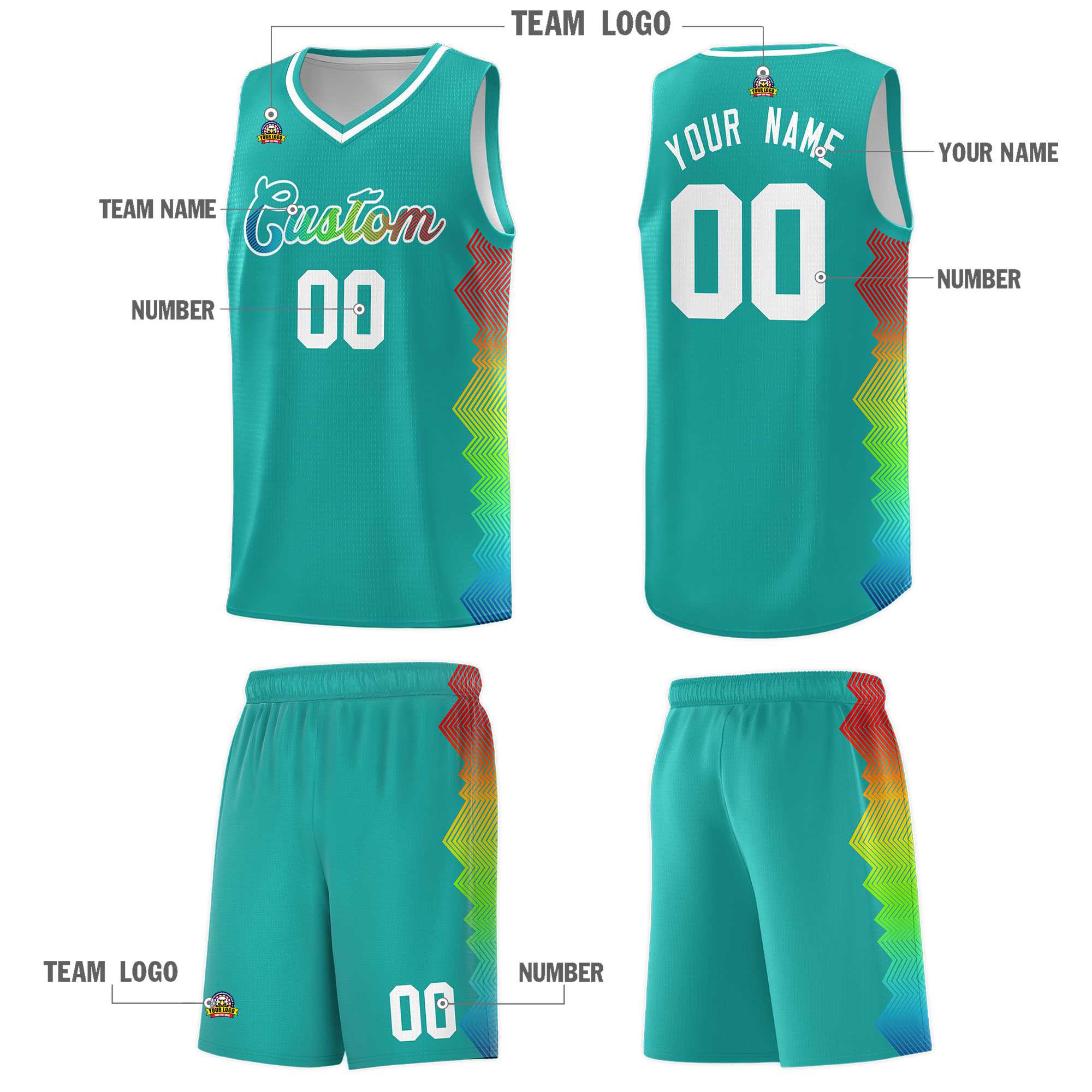 Custom Aqua Denver Nuggets Rainbow Side Sports Uniform Basketball Jersey