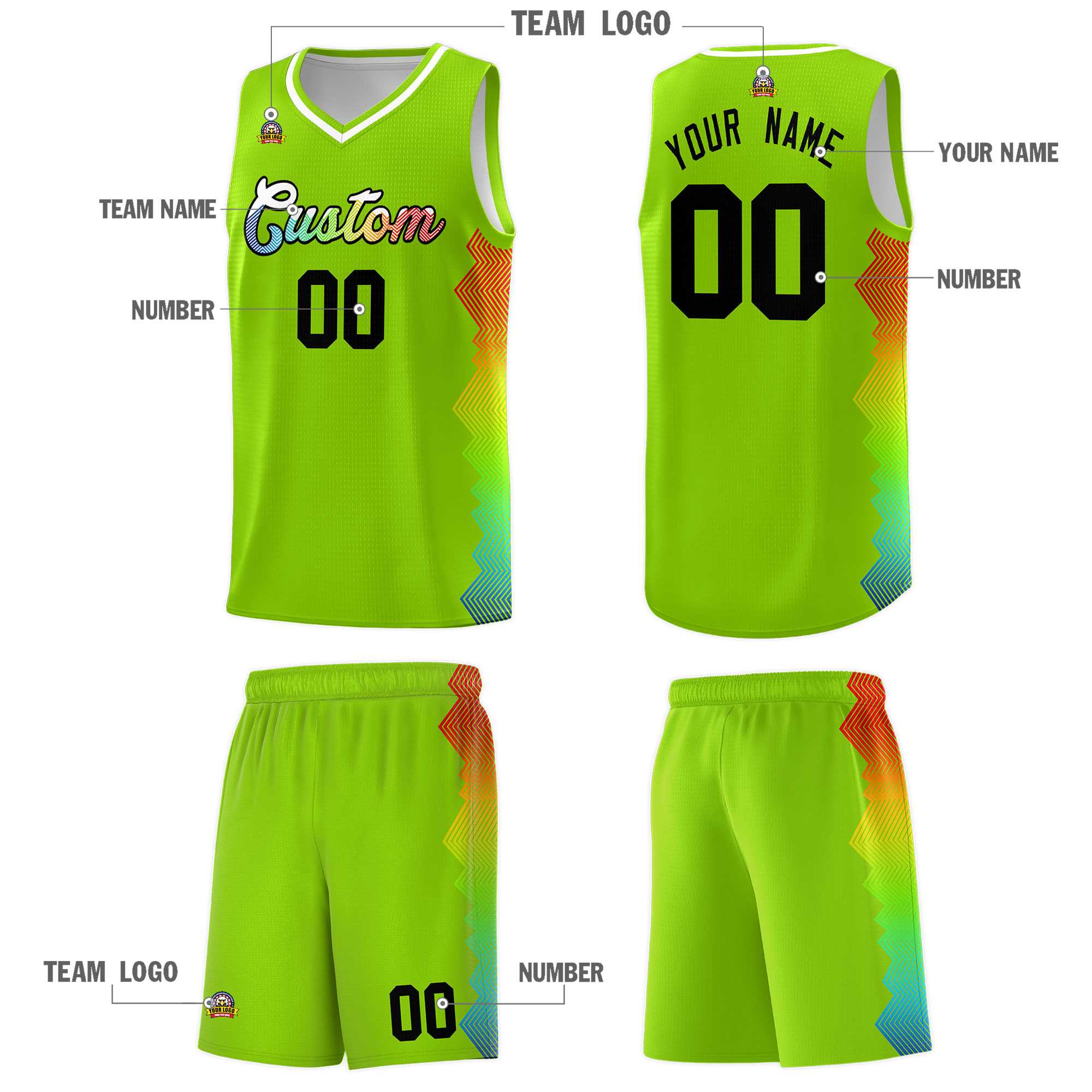 Custom Neon Green Denver Nuggets Rainbow Side Sports Uniform Basketball Jersey