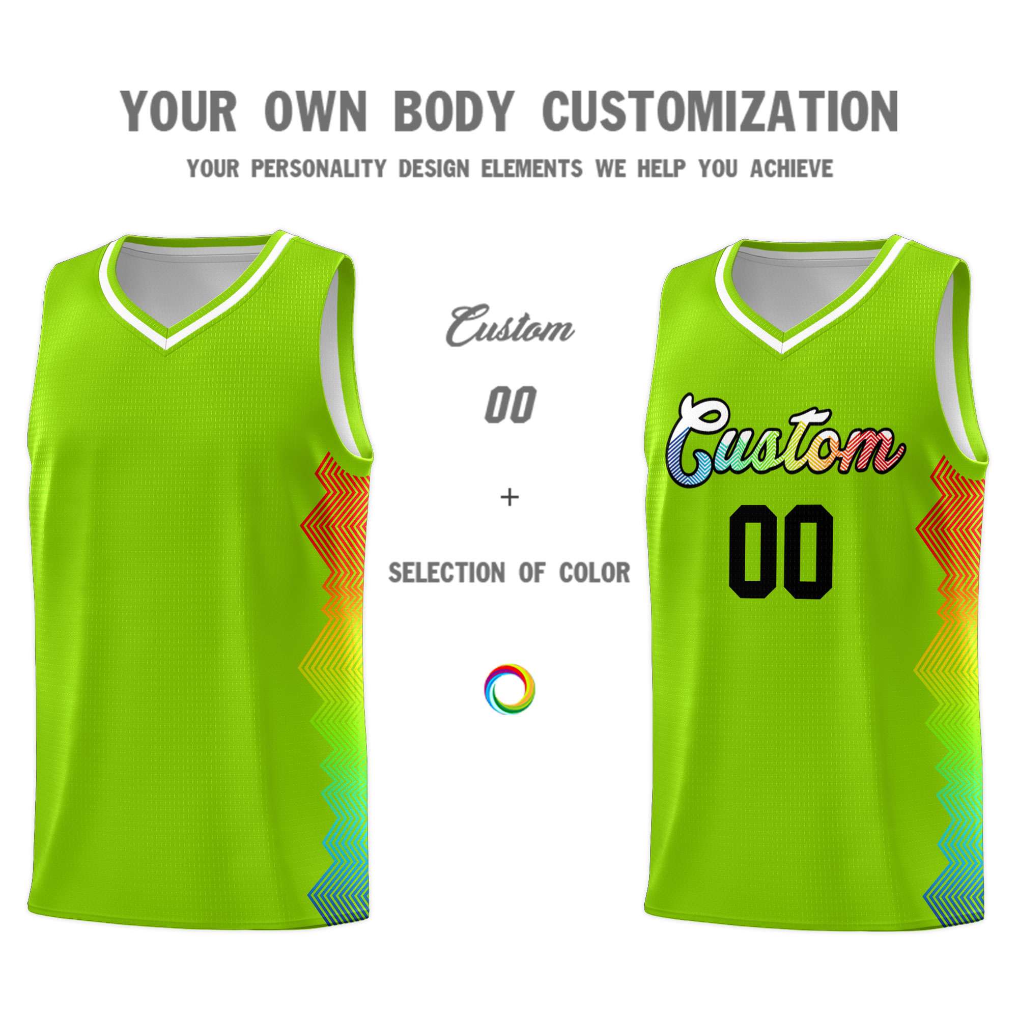 Custom Neon Green Denver Nuggets Rainbow Side Sports Uniform Basketball Jersey