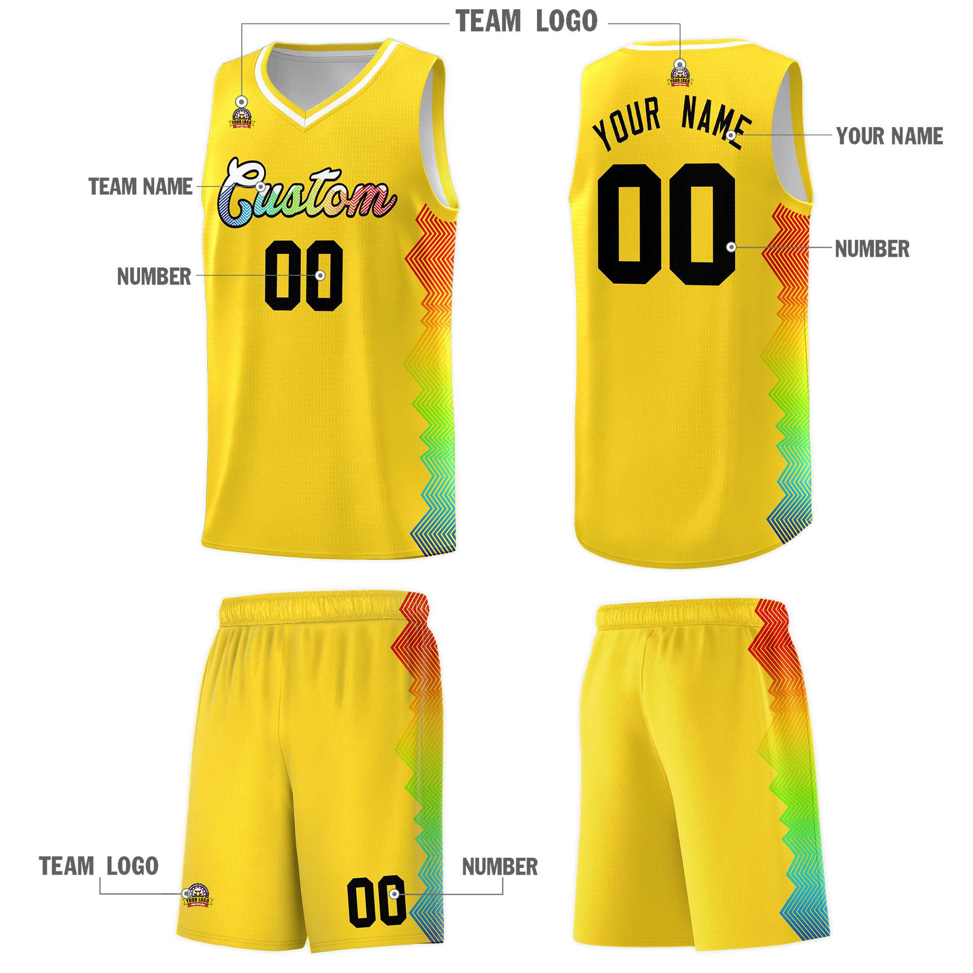 Custom Gold Denver Nuggets Rainbow Side Sports Uniform Basketball Jersey