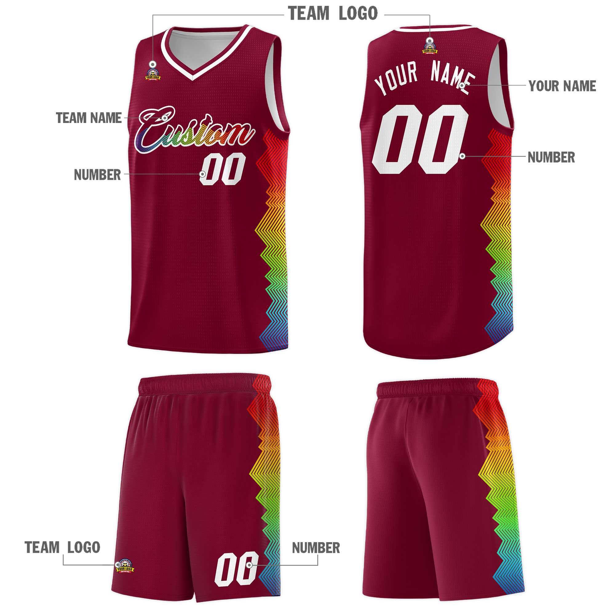 Custom Crimson Denver Nuggets Rainbow Side Sports Uniform Basketball Jersey