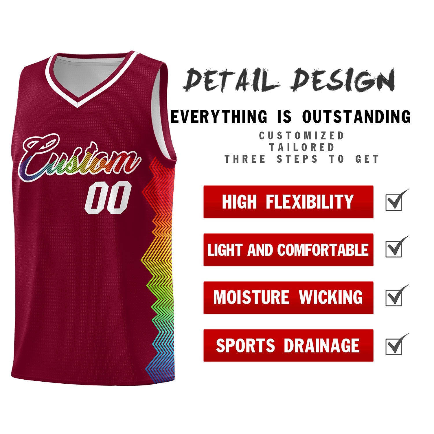 Custom Crimson Denver Nuggets Rainbow Side Sports Uniform Basketball Jersey