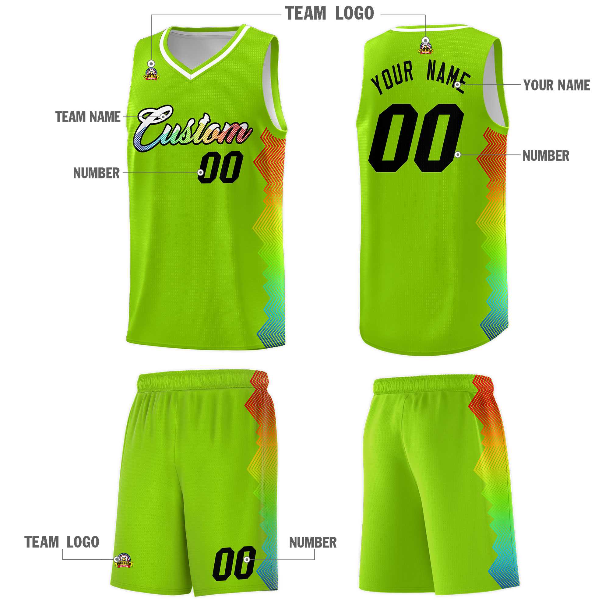 Custom Neon Green Denver Nuggets Rainbow Side Sports Uniform Basketball Jersey