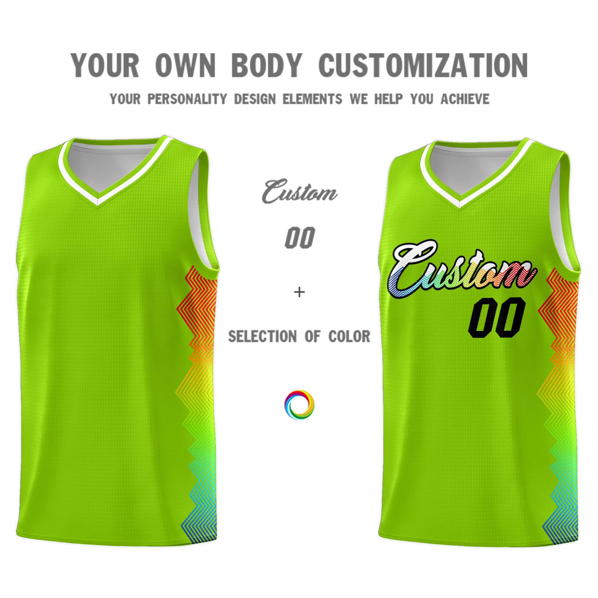 Custom Neon Green Denver Nuggets Rainbow Side Sports Uniform Basketball Jersey