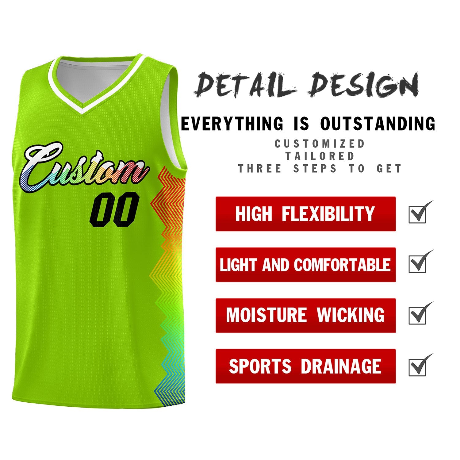 Custom Neon Green Denver Nuggets Rainbow Side Sports Uniform Basketball Jersey