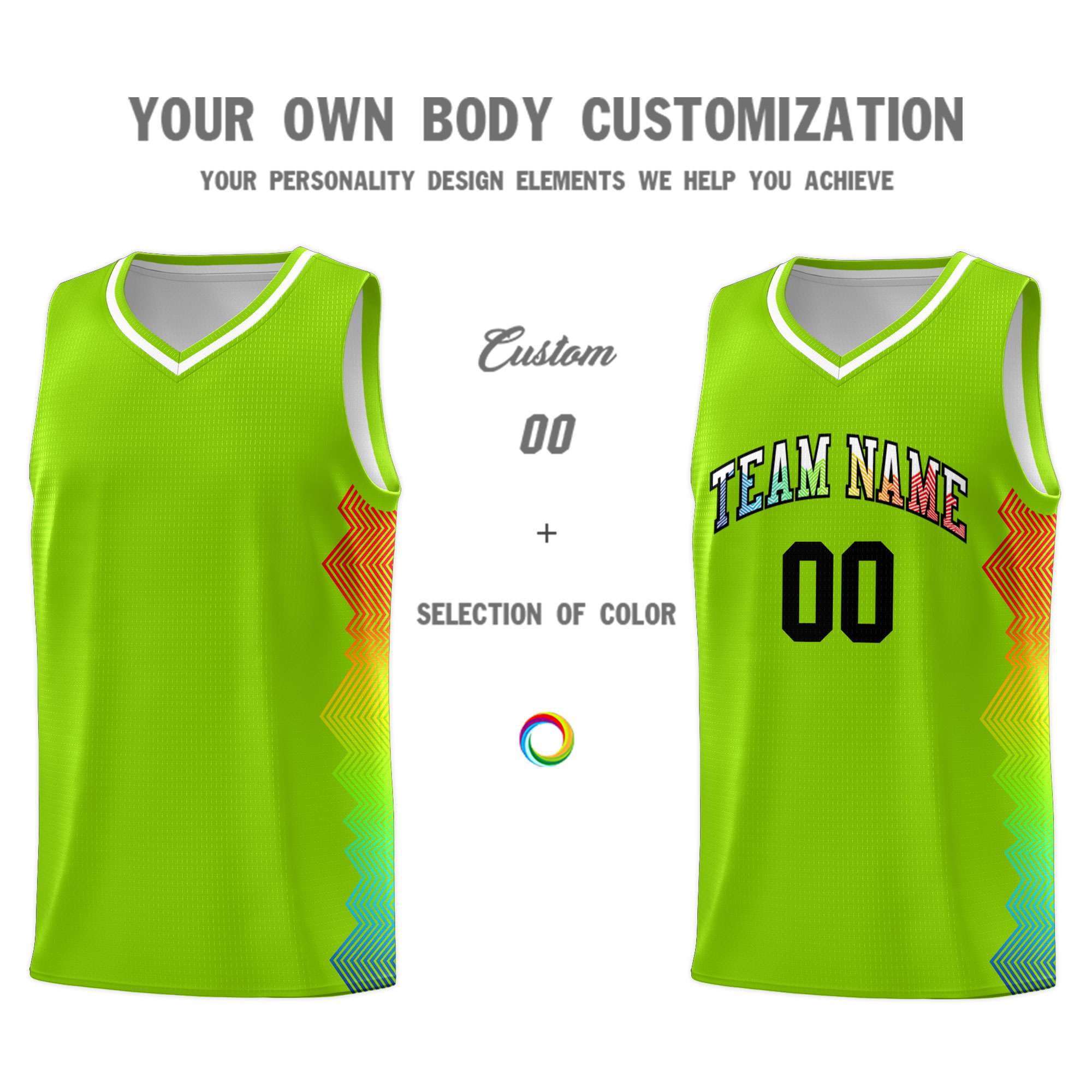 Custom Neon Green Denver Nuggets Rainbow Side Sports Uniform Basketball Jersey