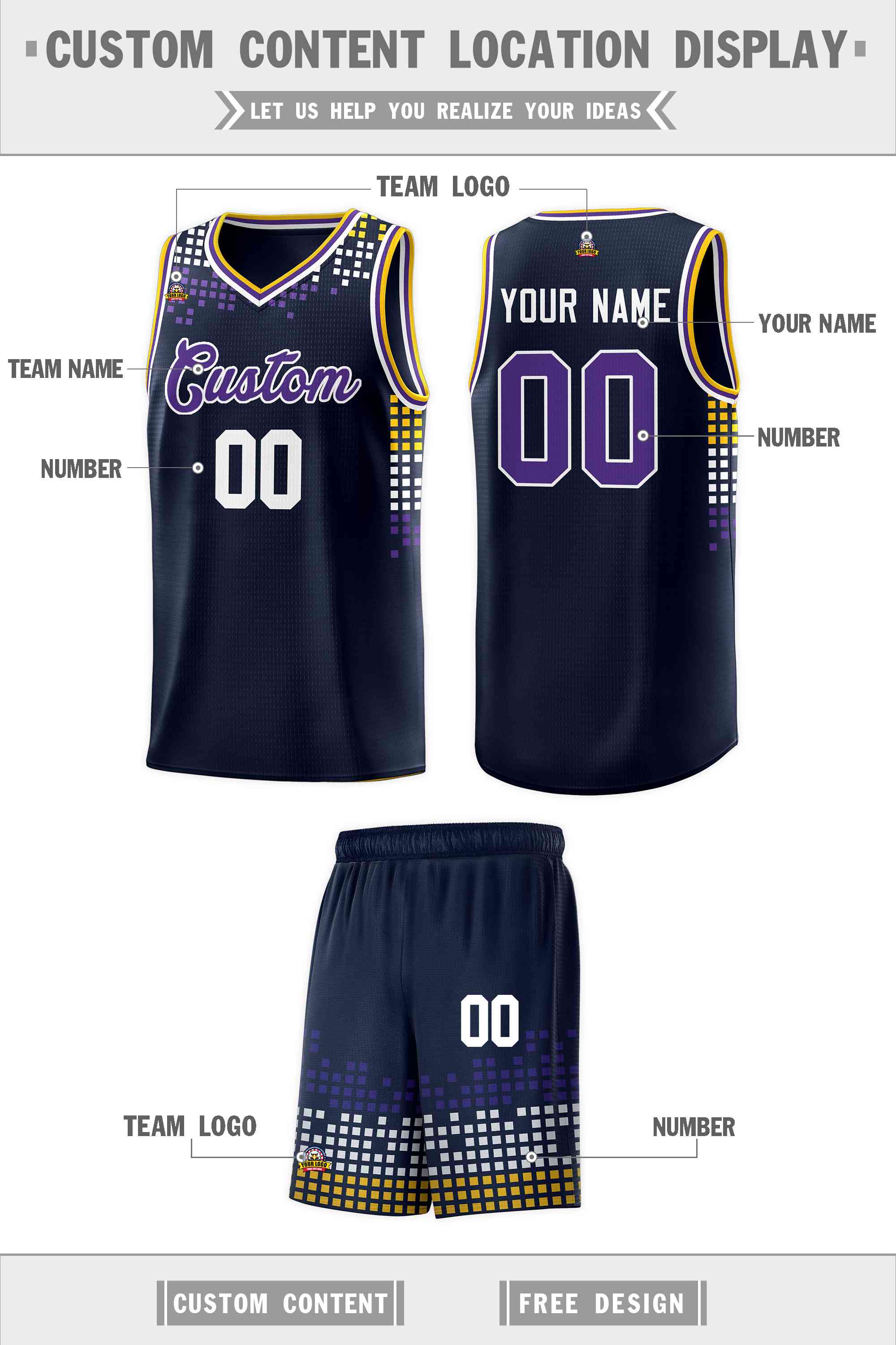 Custom Navy Square Grid Graffiti Pattern Sports Uniform Basketball Jersey