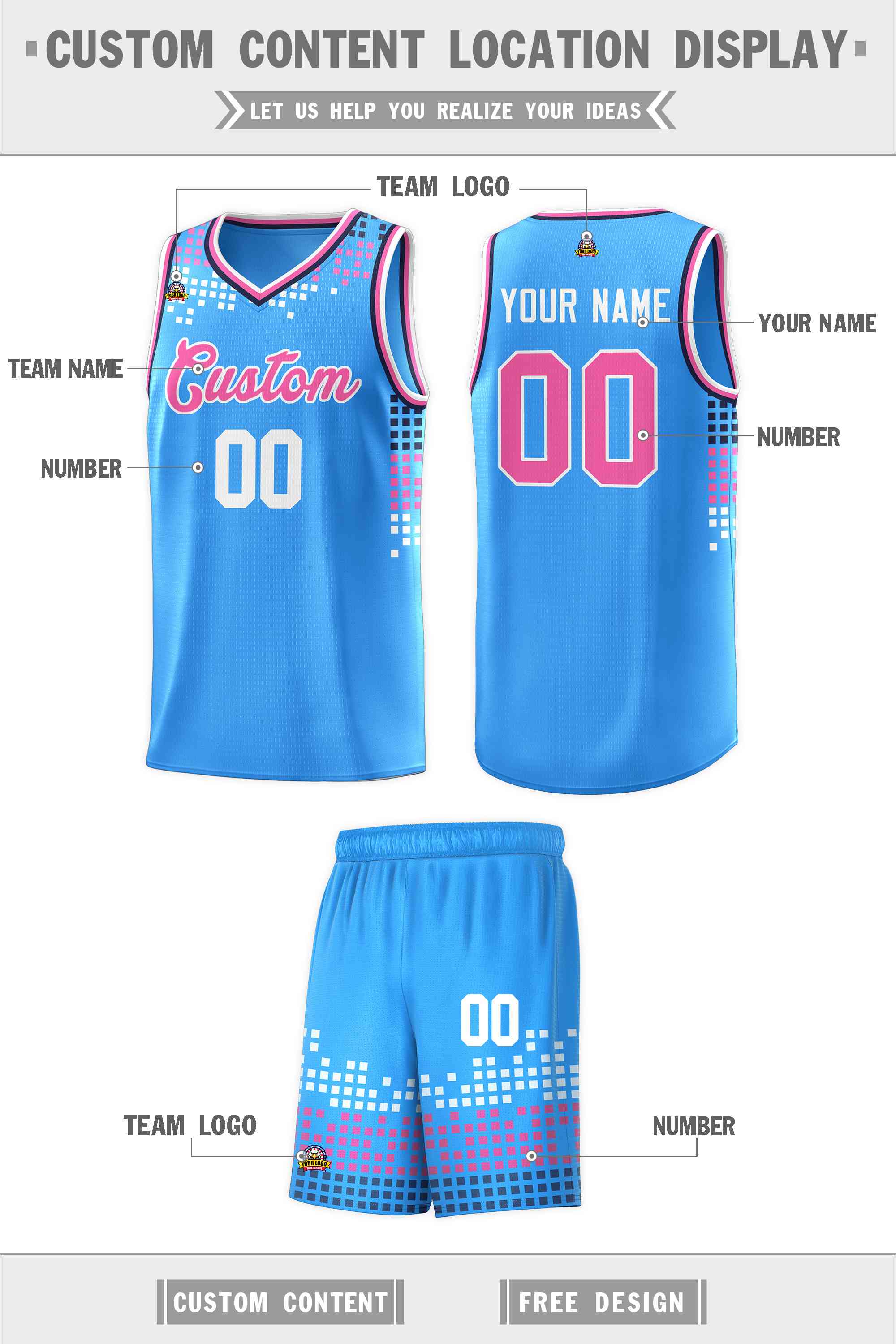 Custom Powder Blue Square Grid Graffiti Pattern Sports Uniform Basketball Jersey