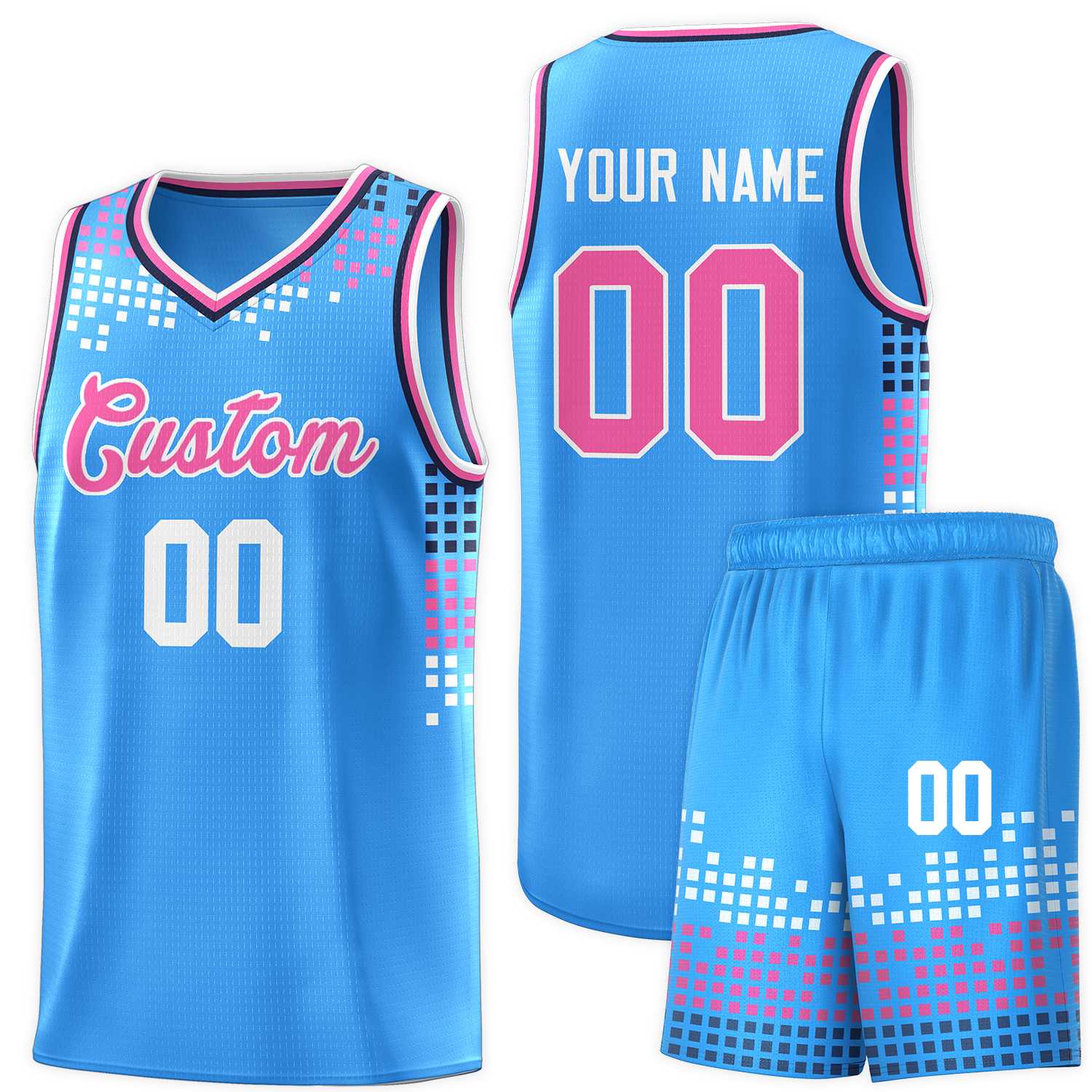 Custom Powder Blue Square Grid Graffiti Pattern Sports Uniform Basketball Jersey