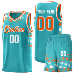 Custom Aqua Square Grid Graffiti Pattern Sports Uniform Basketball Jersey