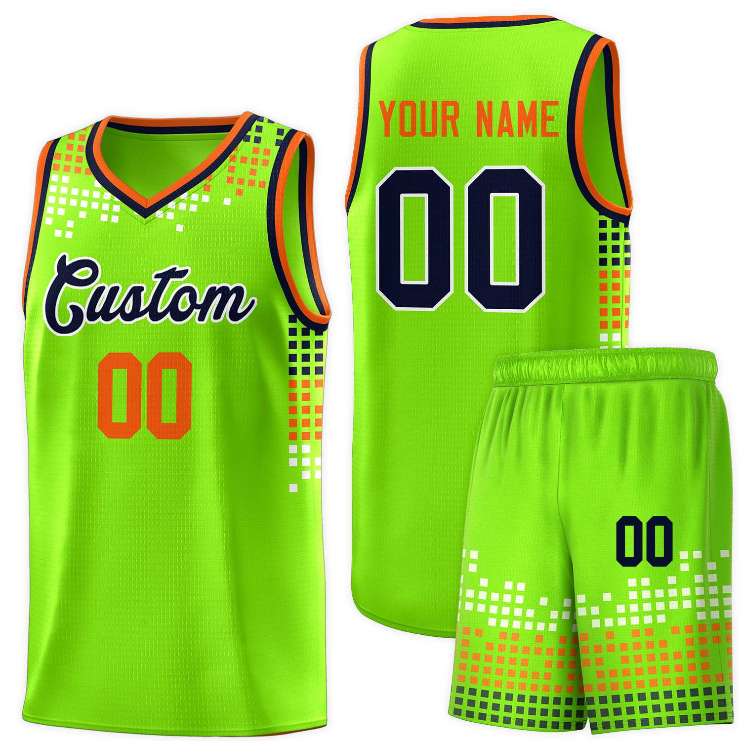 Custom Neon Green Square Grid Graffiti Pattern Sports Uniform Basketball Jersey