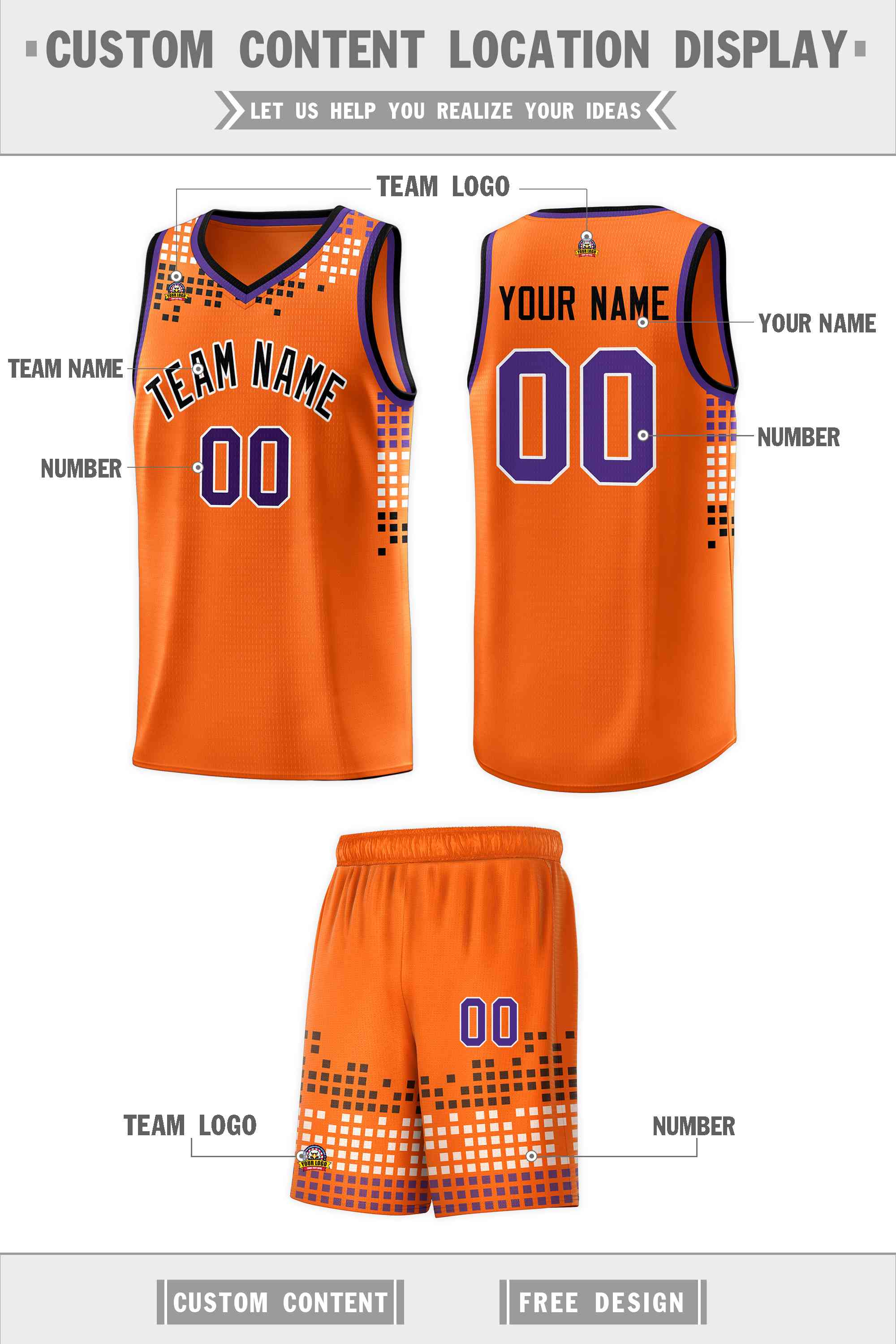 Custom Orange Square Grid Graffiti Pattern Sports Uniform Basketball Jersey