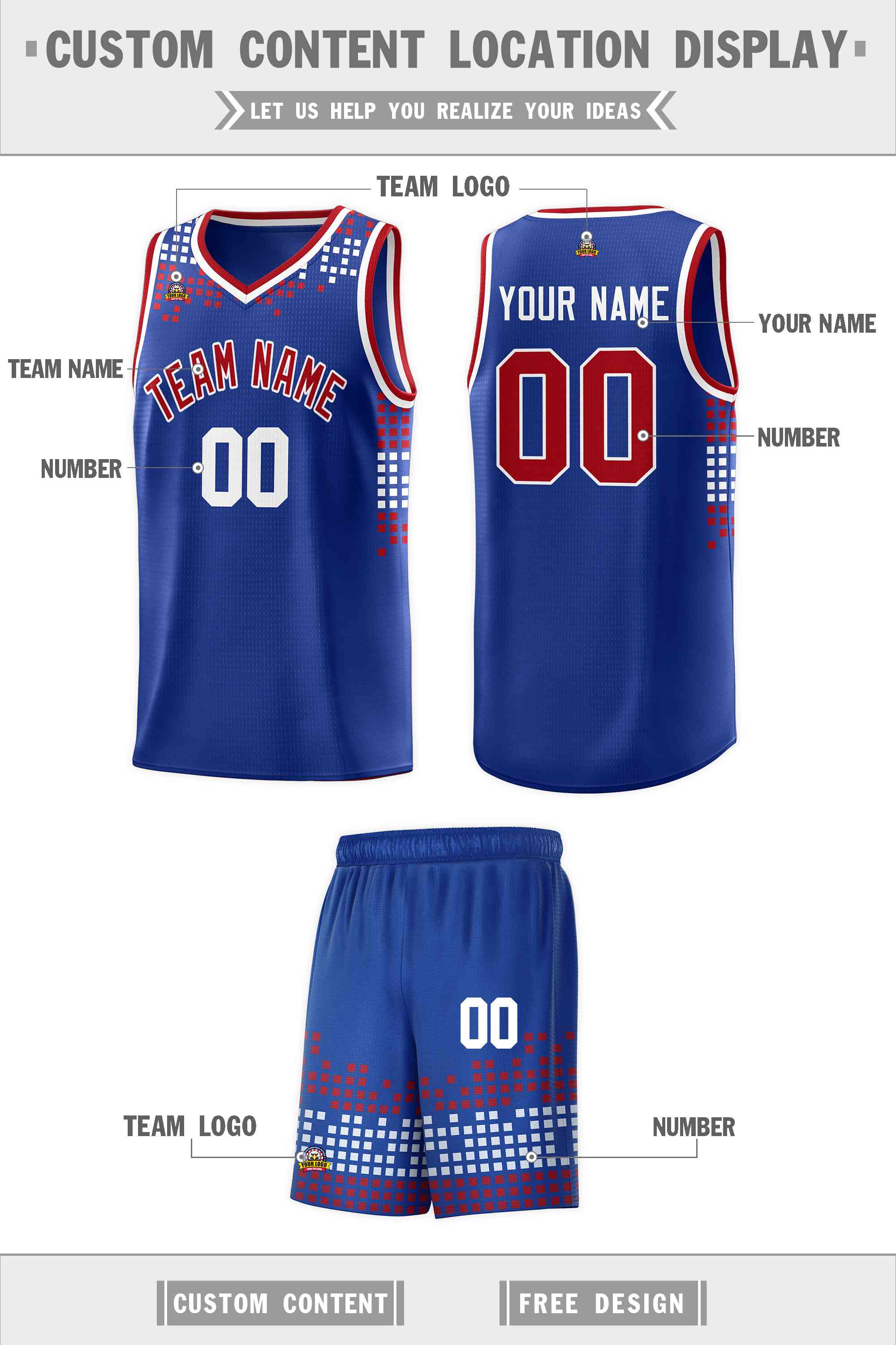 Custom Royal Square Grid Graffiti Pattern Sports Uniform Basketball Jersey