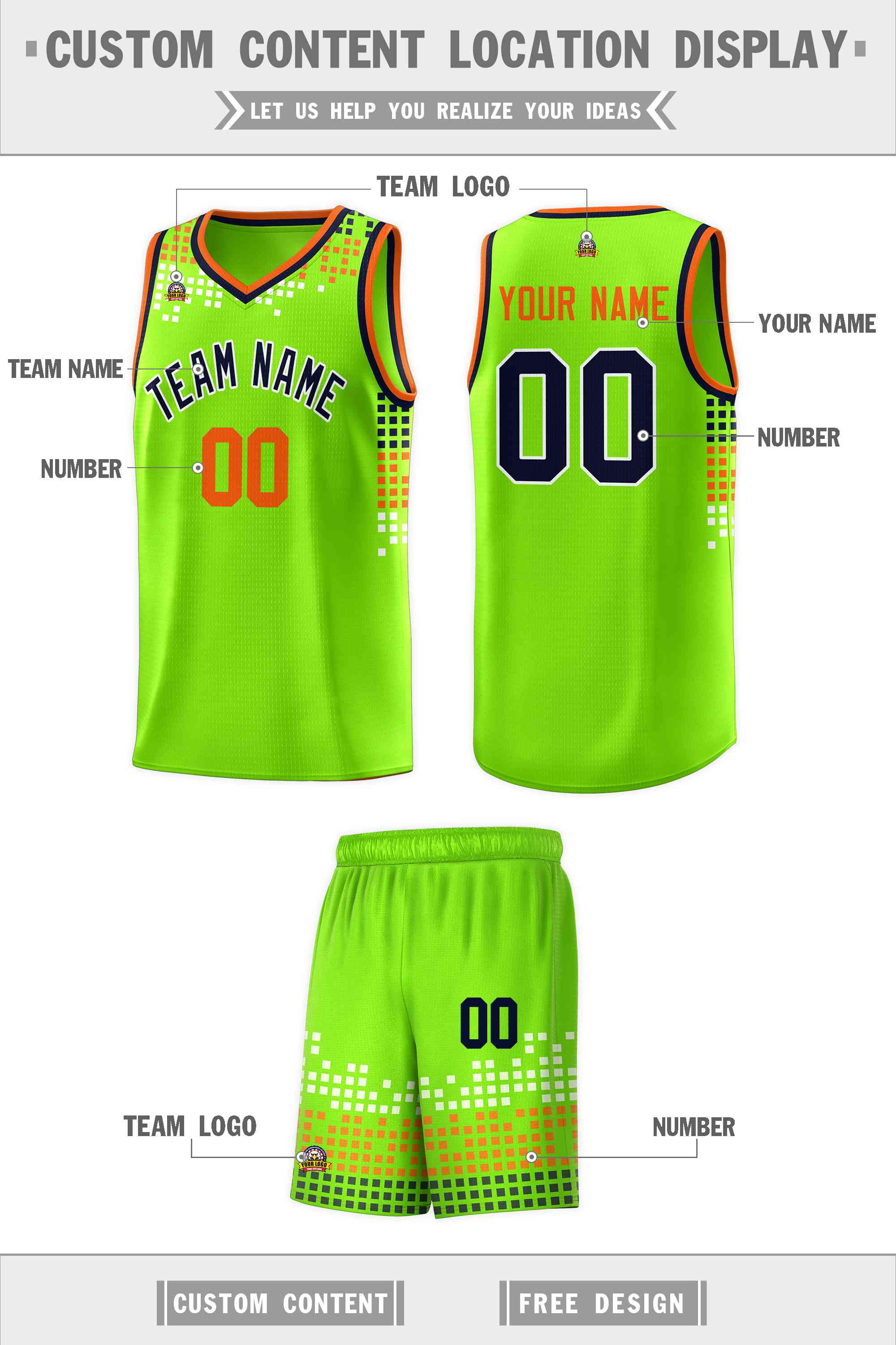 Custom Neon Green Square Grid Graffiti Pattern Sports Uniform Basketball Jersey