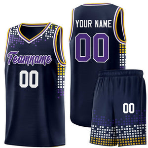 Custom Navy Square Grid Graffiti Pattern Sports Uniform Basketball Jersey