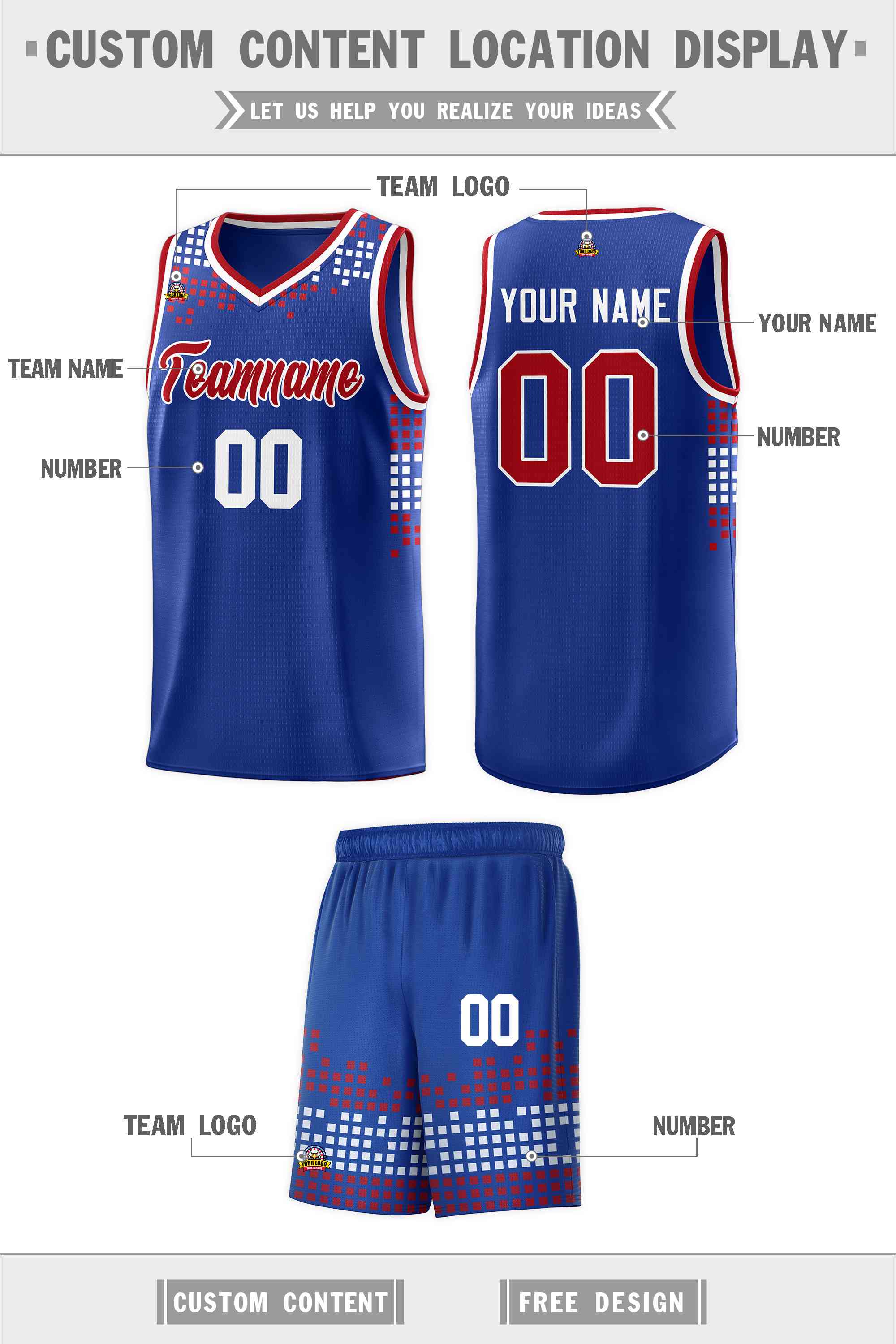 Custom Royal Square Grid Graffiti Pattern Sports Uniform Basketball Jersey