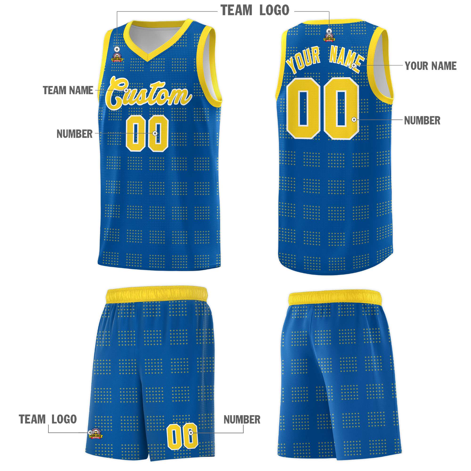 Custom Royal Gold Trailblazer Dot Pattern Sports Uniform Basketball Jersey