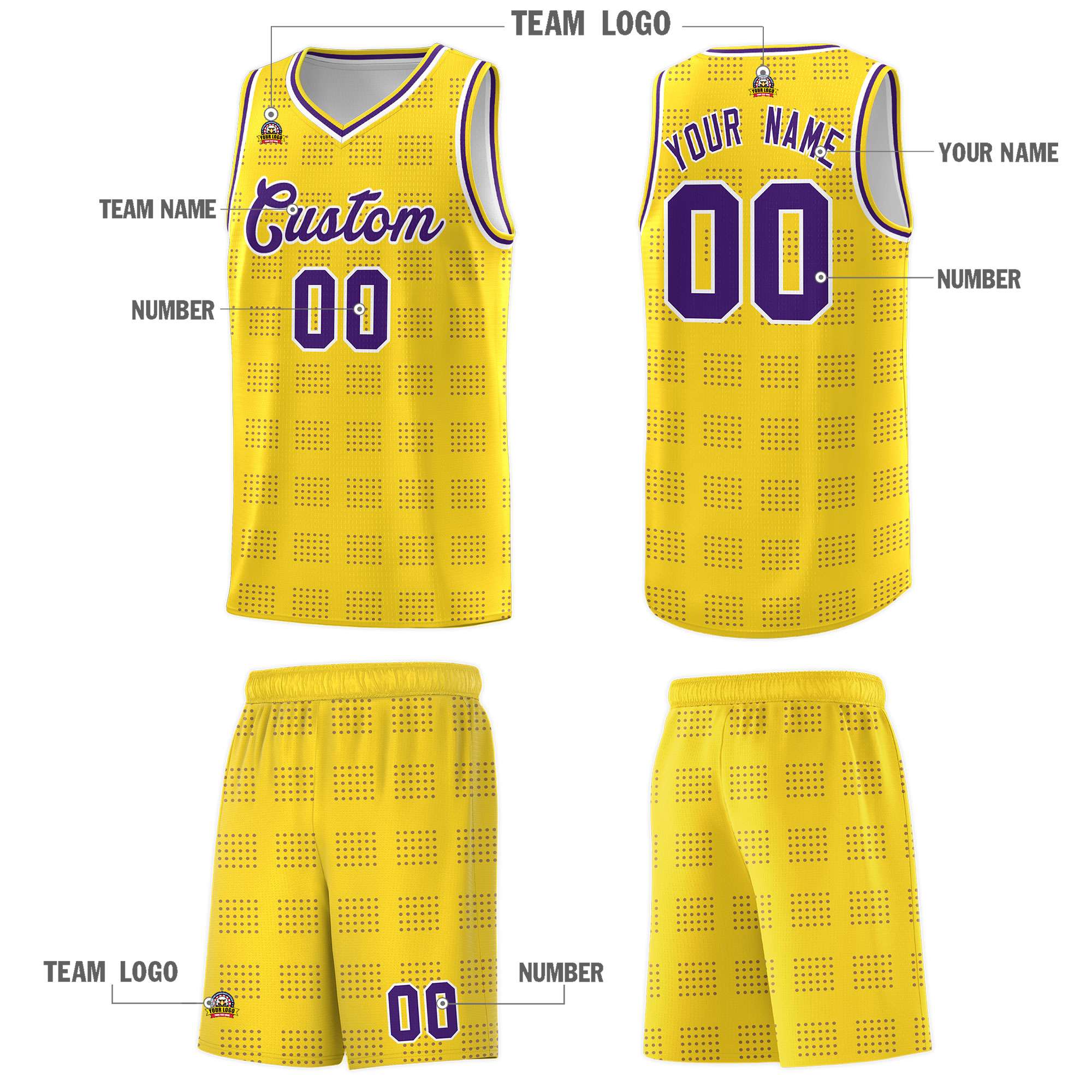 Custom Gold Purple Trailblazer Dot Pattern Sports Uniform Basketball Jersey