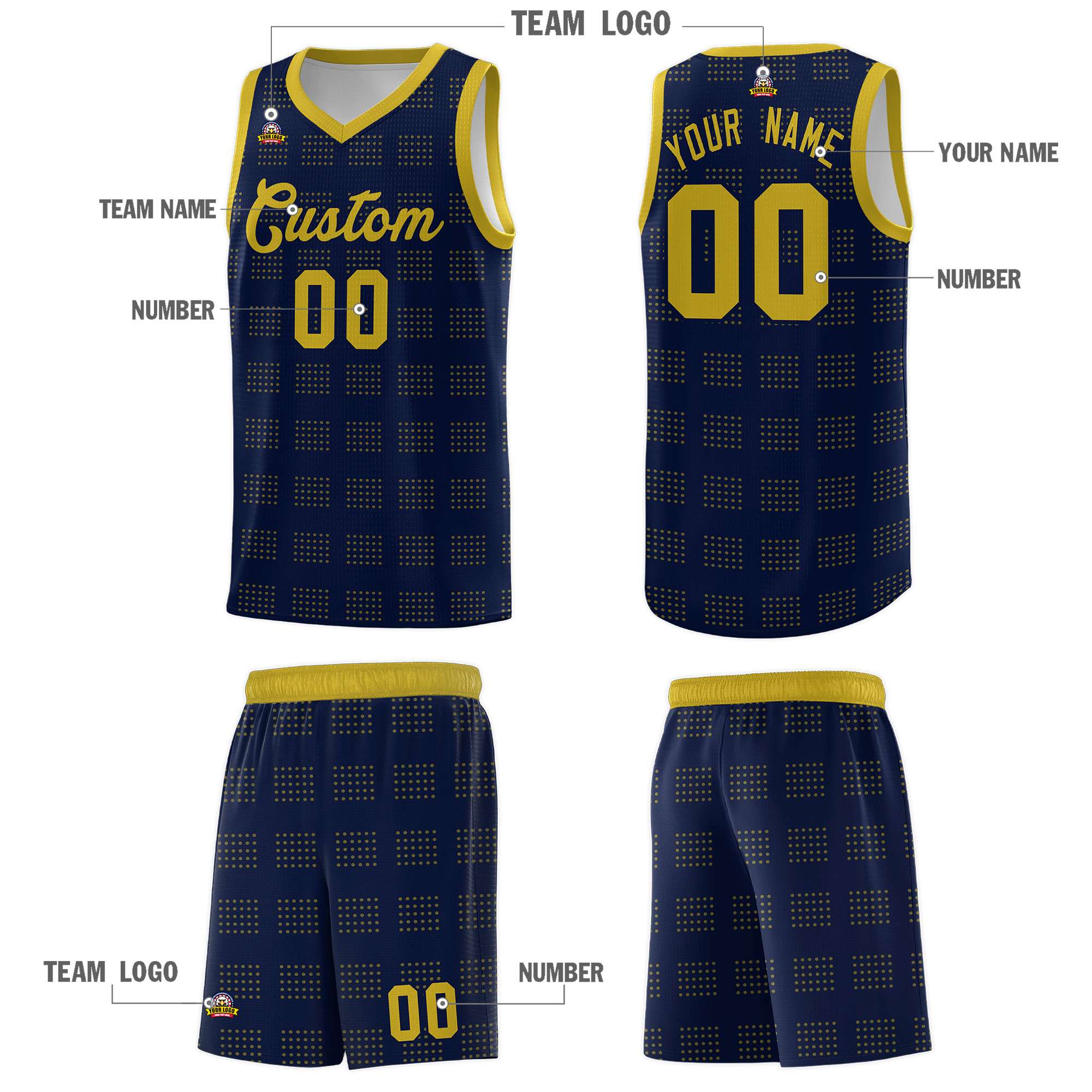 Custom Navy Old Gold Trailblazer Dot Pattern Sports Uniform Basketball Jersey