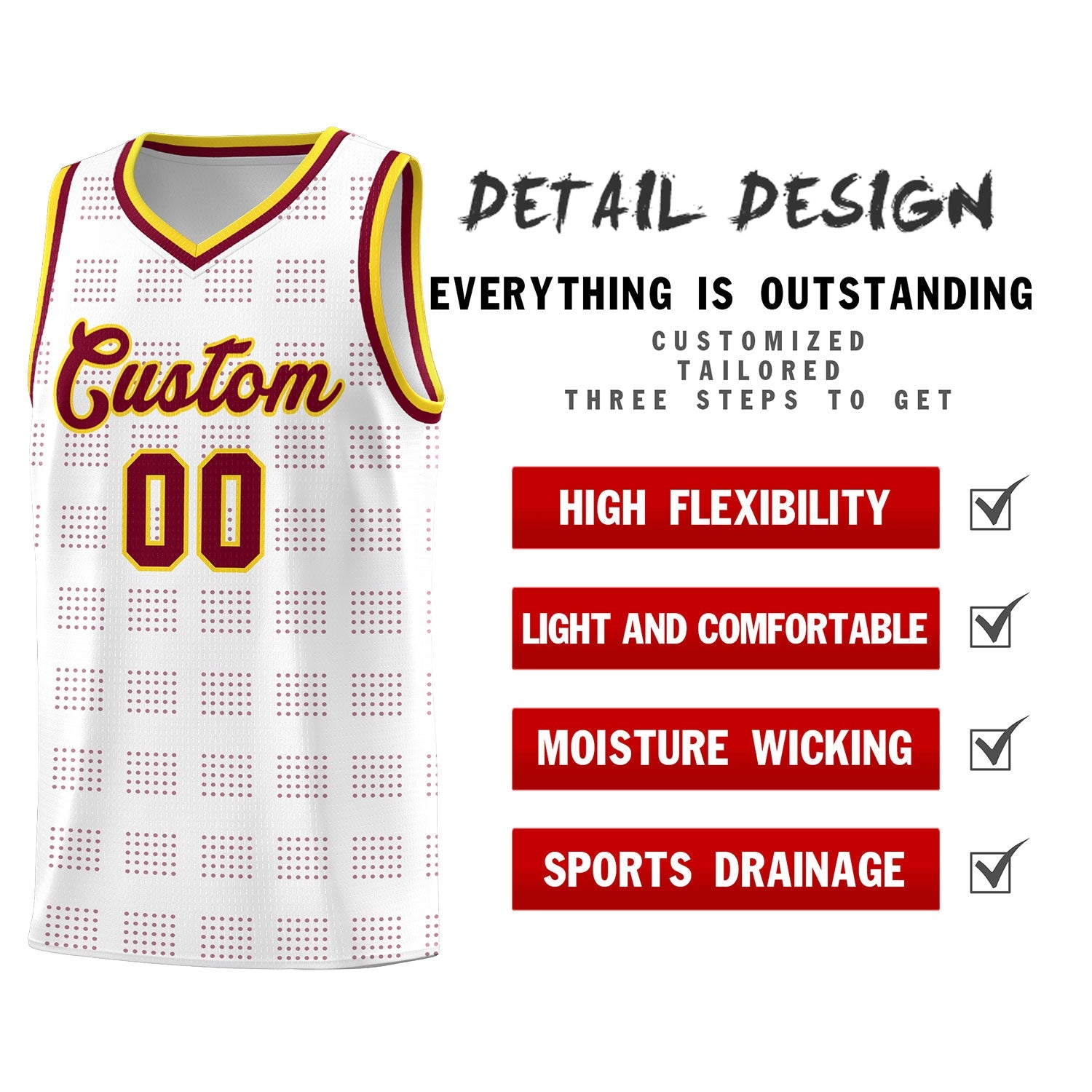 Custom White Crimson Trailblazer Dot Pattern Sports Uniform Basketball Jersey