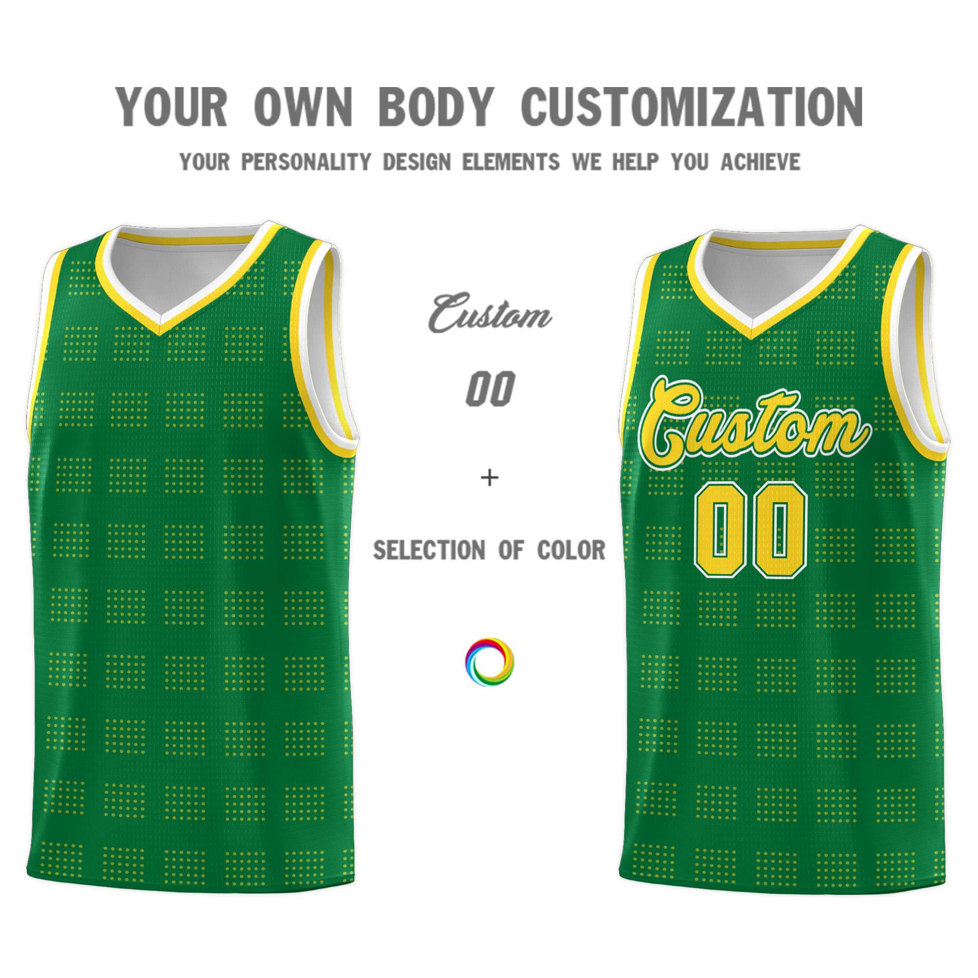 Custom Kelly Green Gold Trailblazer Dot Pattern Sports Uniform Basketball Jersey