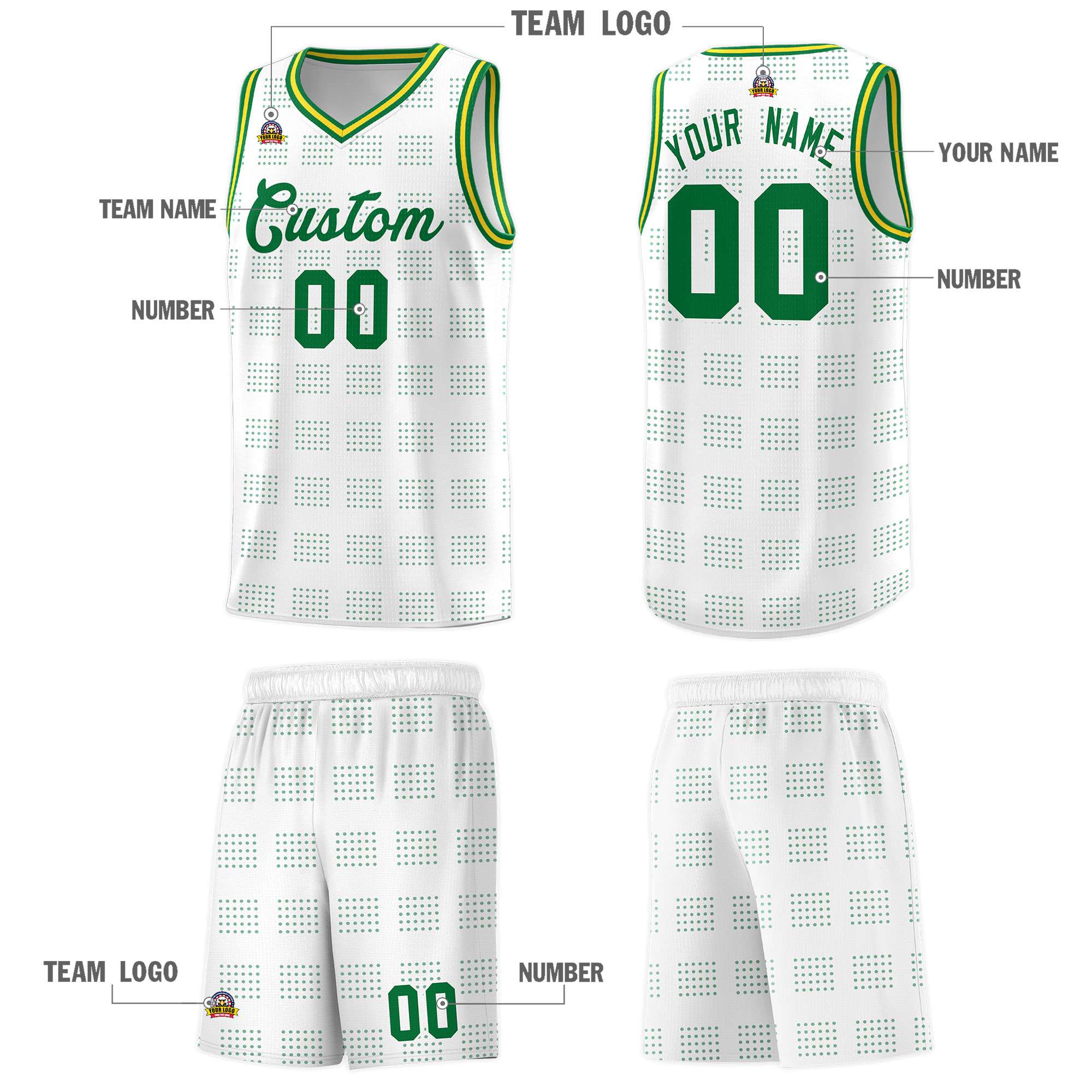 Custom White Kelly Green Trailblazer Dot Pattern Sports Uniform Basketball Jersey