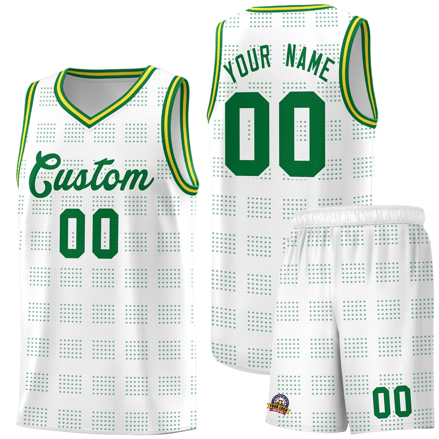 Custom White Kelly Green Trailblazer Dot Pattern Sports Uniform Basketball Jersey