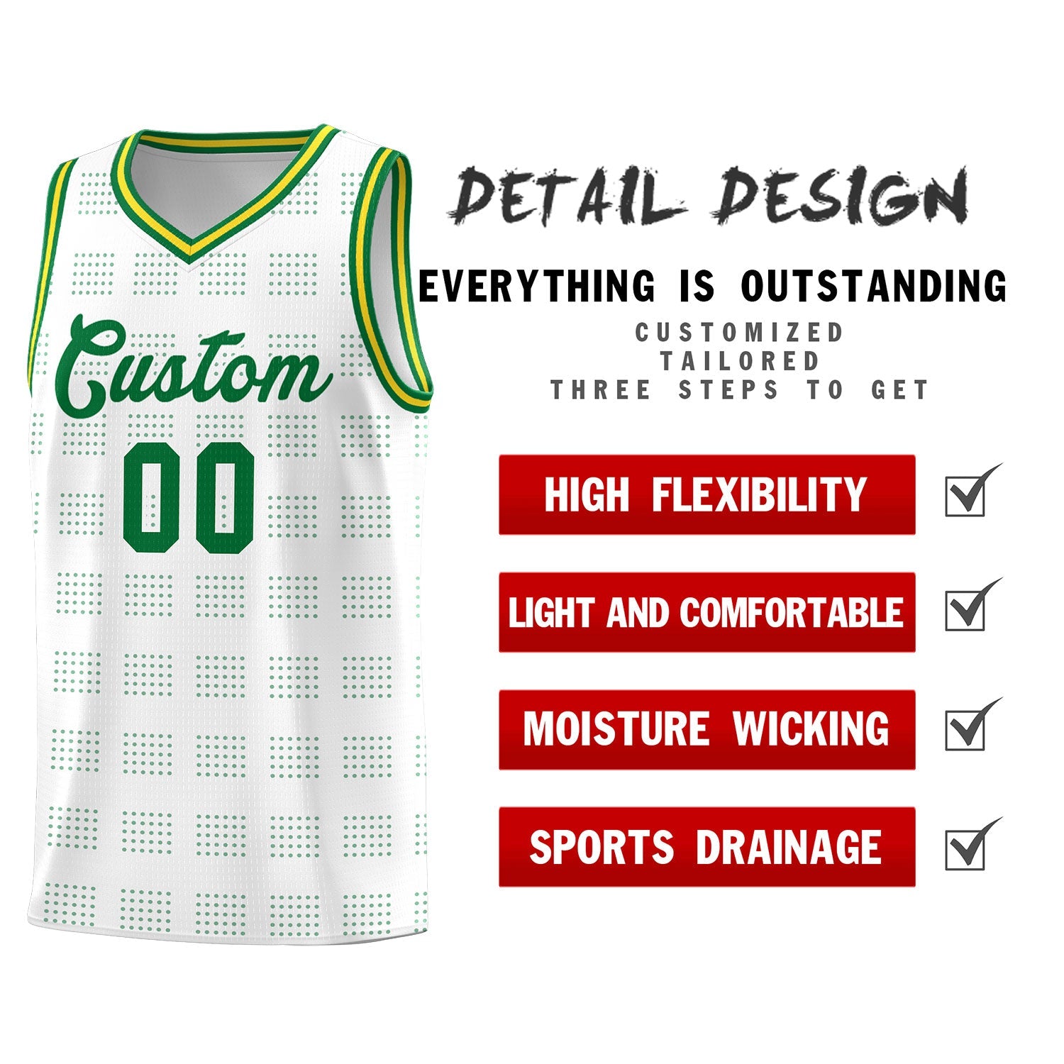 Custom White Kelly Green Trailblazer Dot Pattern Sports Uniform Basketball Jersey