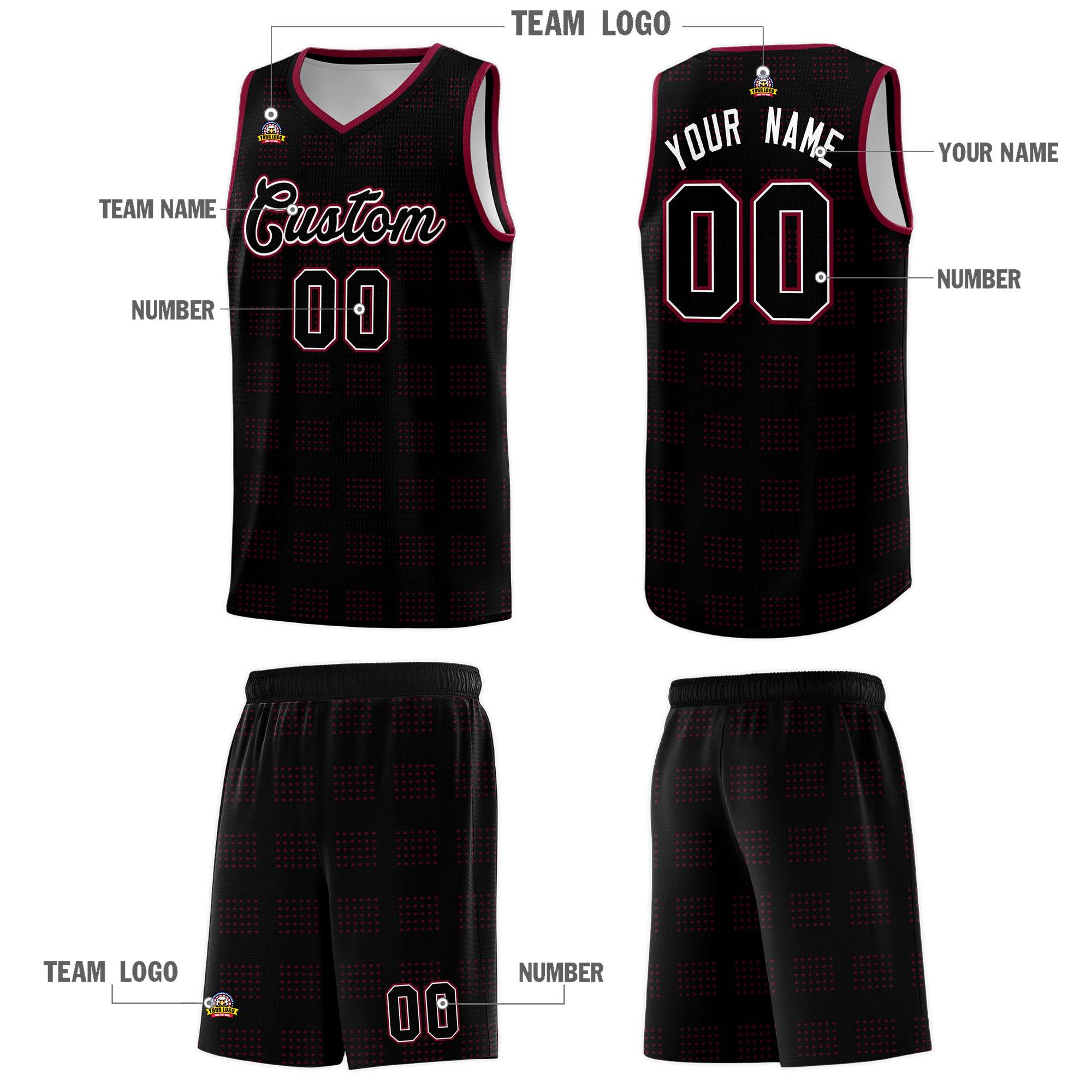 Custom Black Crimson Trailblazer Dot Pattern Sports Uniform Basketball Jersey