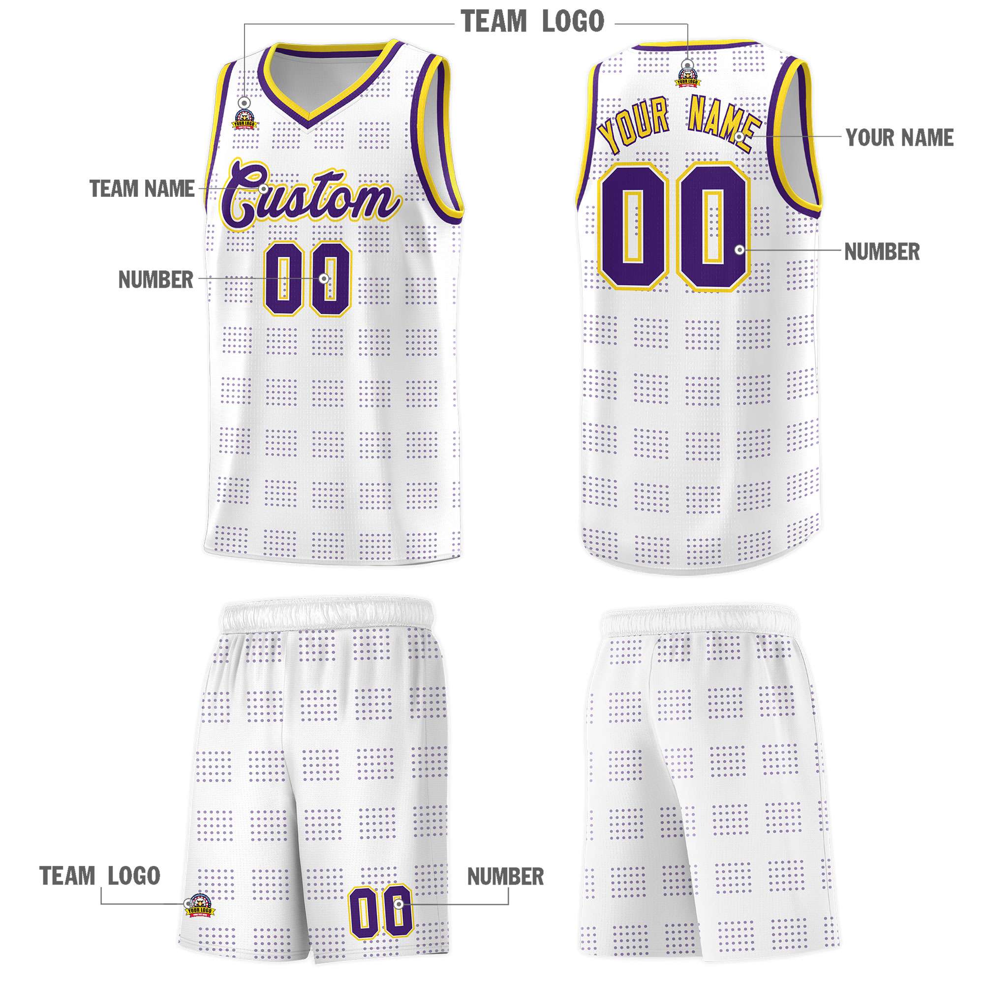 Custom White Purple Trailblazer Dot Pattern Sports Uniform Basketball Jersey