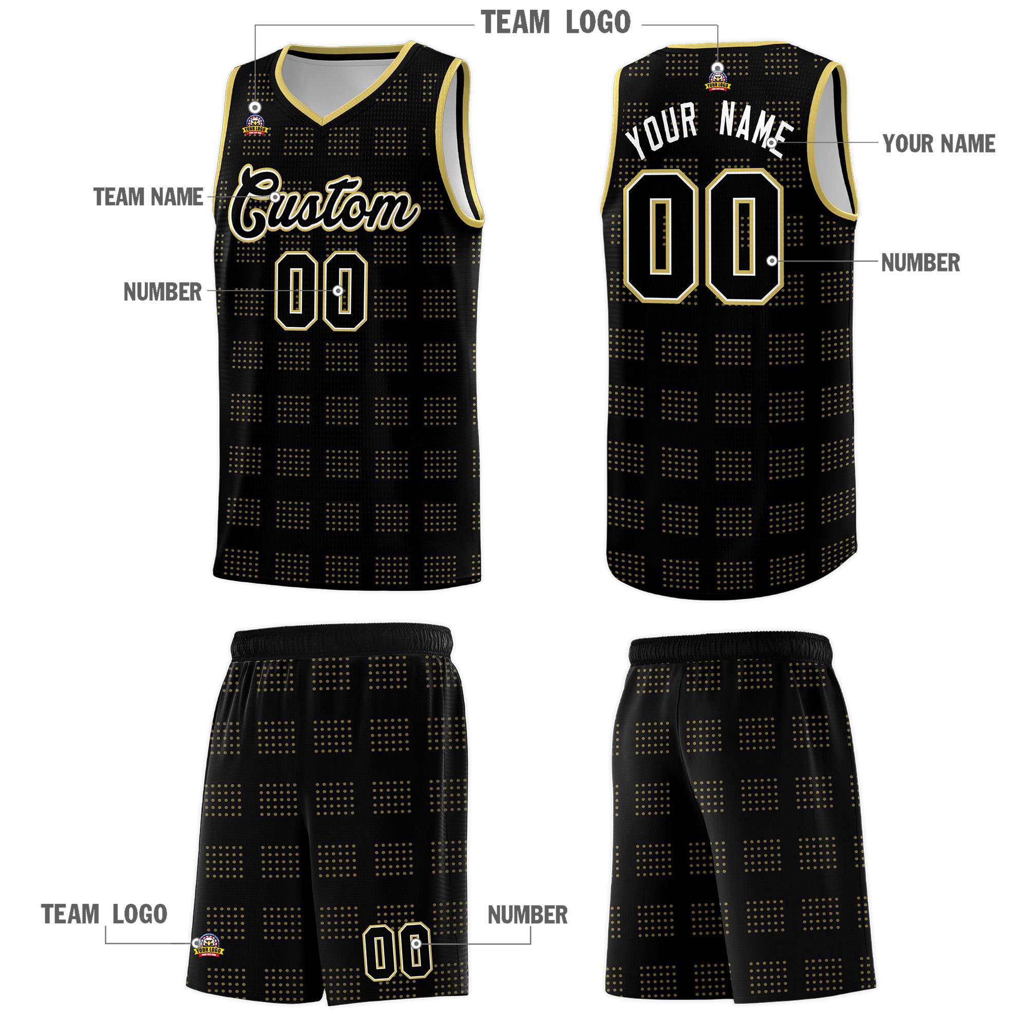 Custom Black Old Gold Trailblazer Dot Pattern Sports Uniform Basketball Jersey