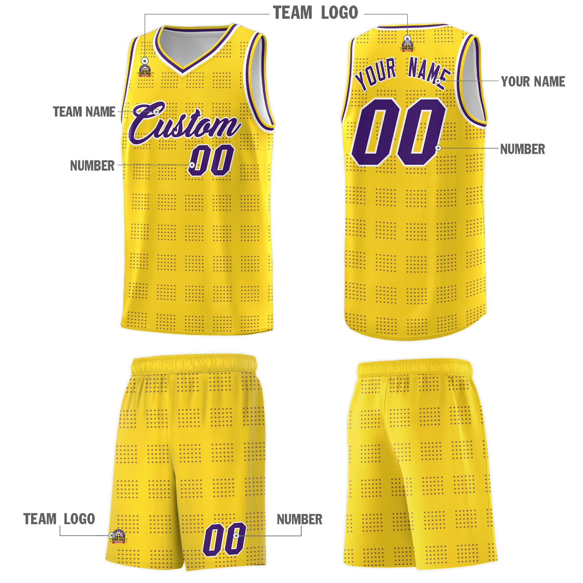 Custom Gold Purple Trailblazer Dot Pattern Sports Uniform Basketball Jersey