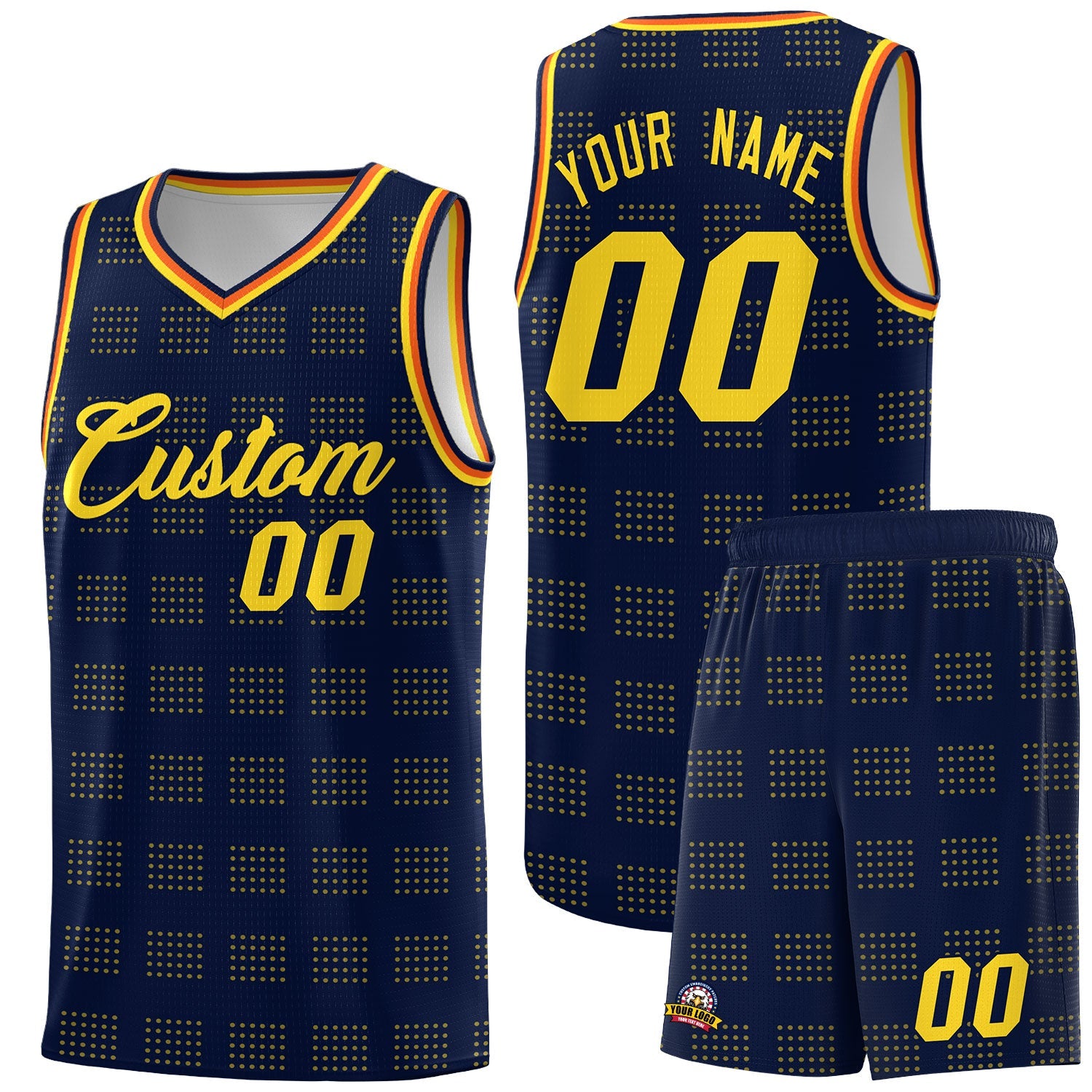 Custom Navy Gold Trailblazer Dot Pattern Sports Uniform Basketball Jersey