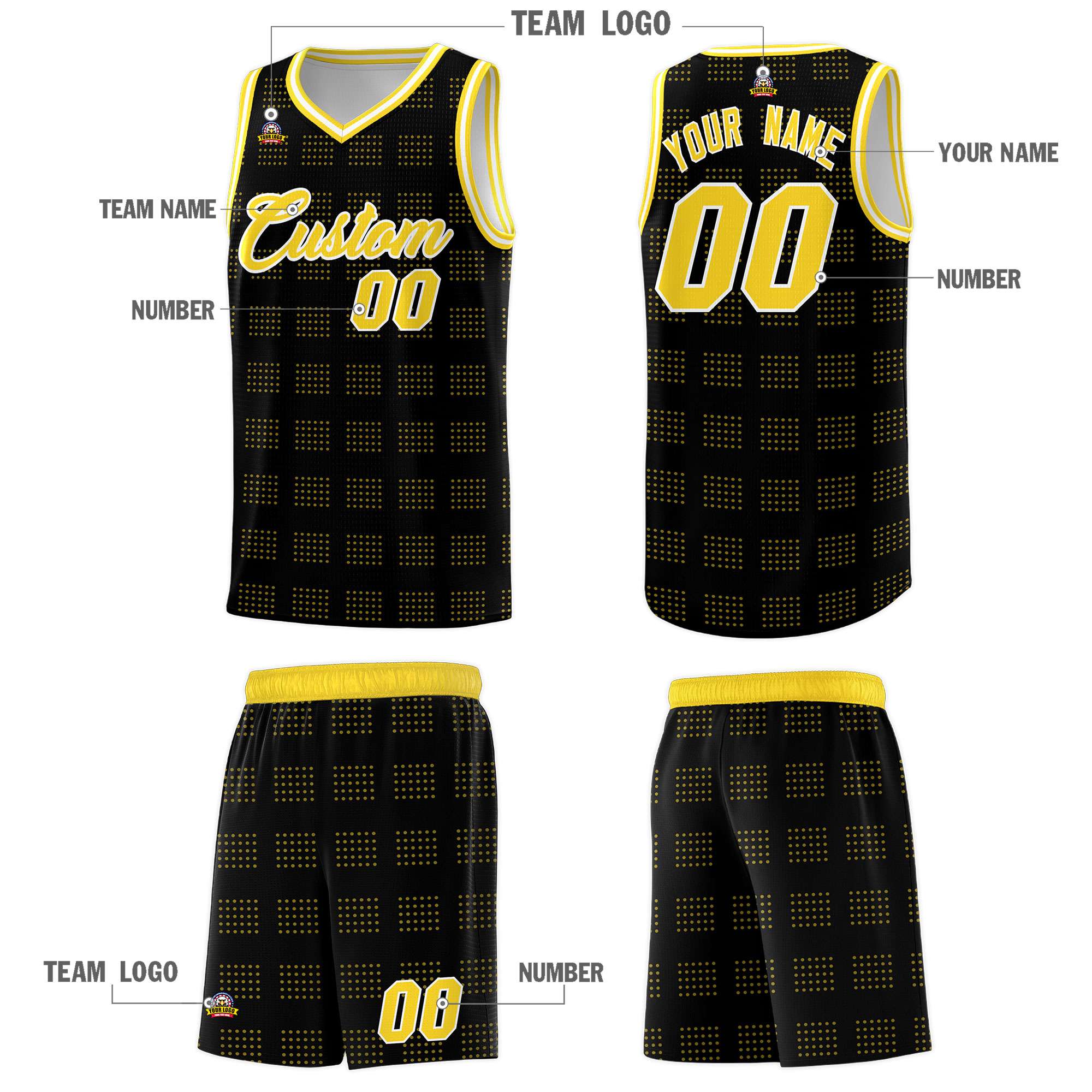 Custom Black Gold Trailblazer Dot Pattern Sports Uniform Basketball Jersey