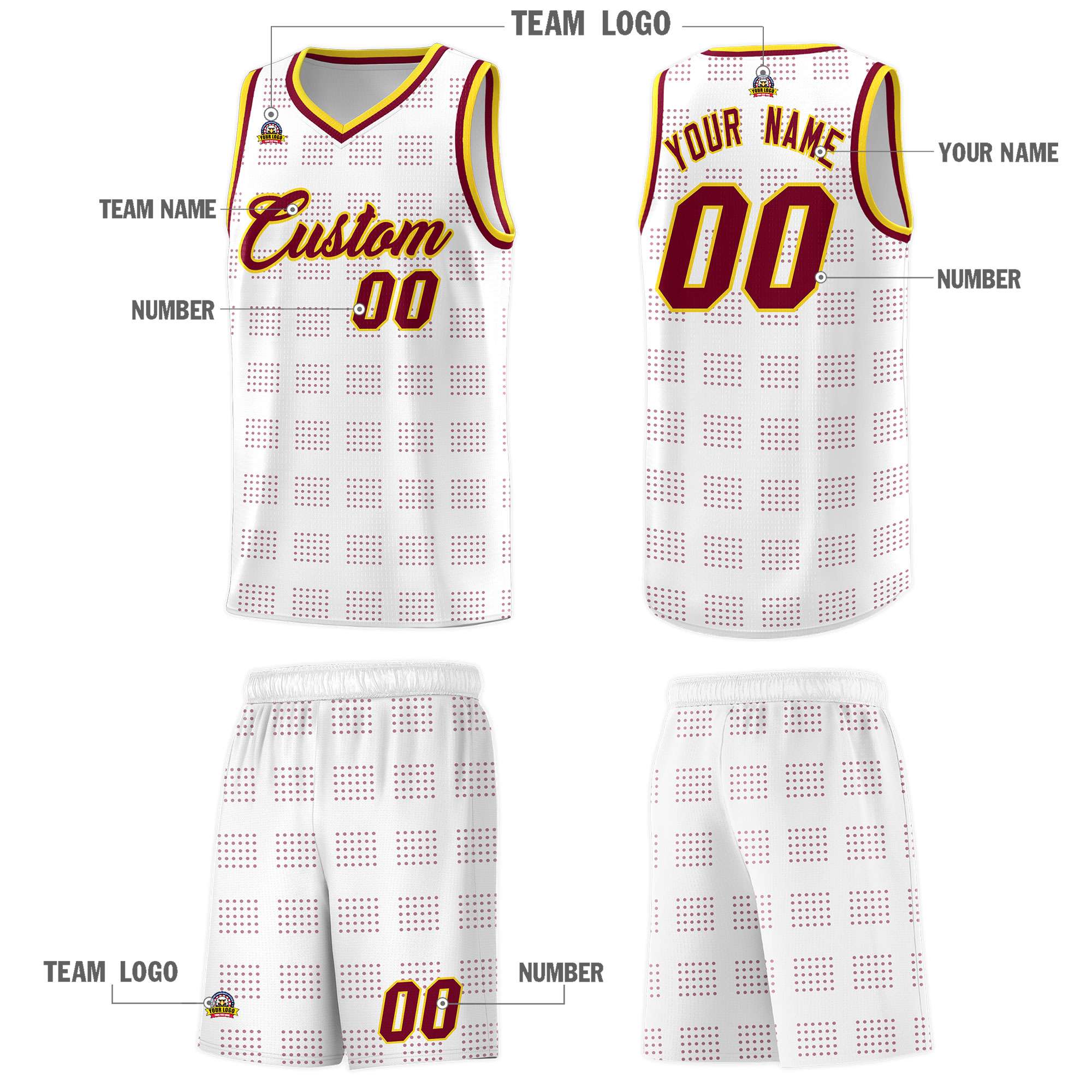 Custom White Crimson Trailblazer Dot Pattern Sports Uniform Basketball Jersey