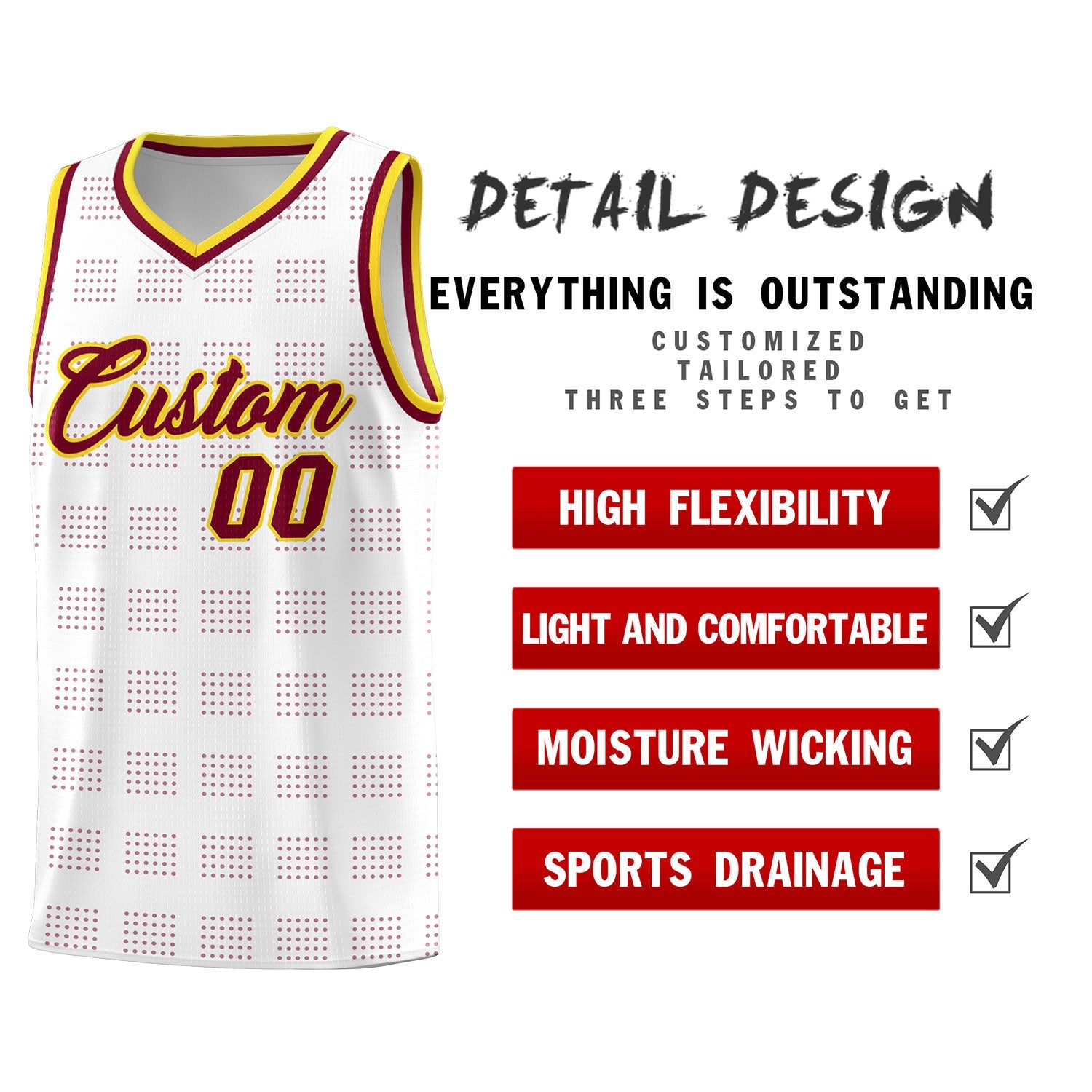 Custom White Crimson Trailblazer Dot Pattern Sports Uniform Basketball Jersey