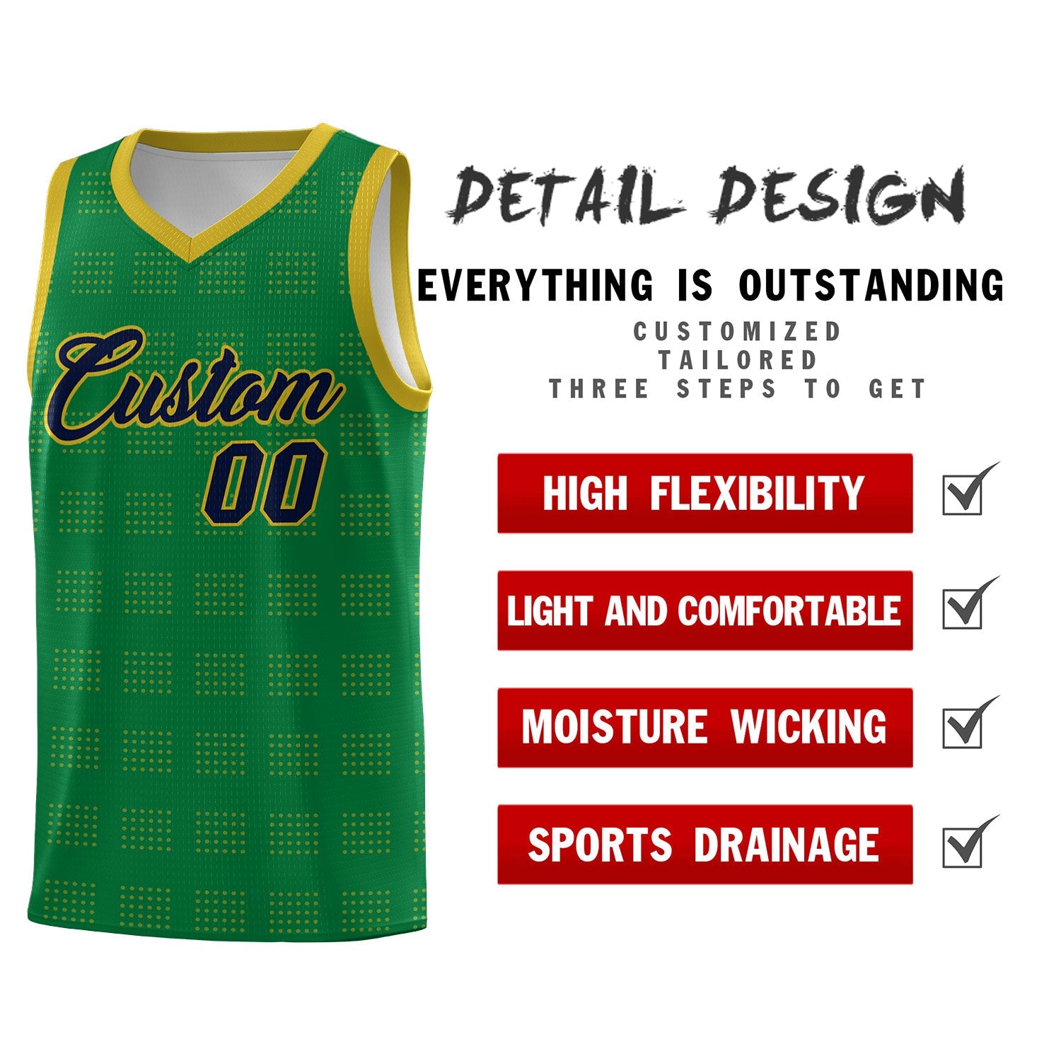 Custom Kelly Green Old Gold Trailblazer Dot Pattern Sports Uniform Basketball Jersey