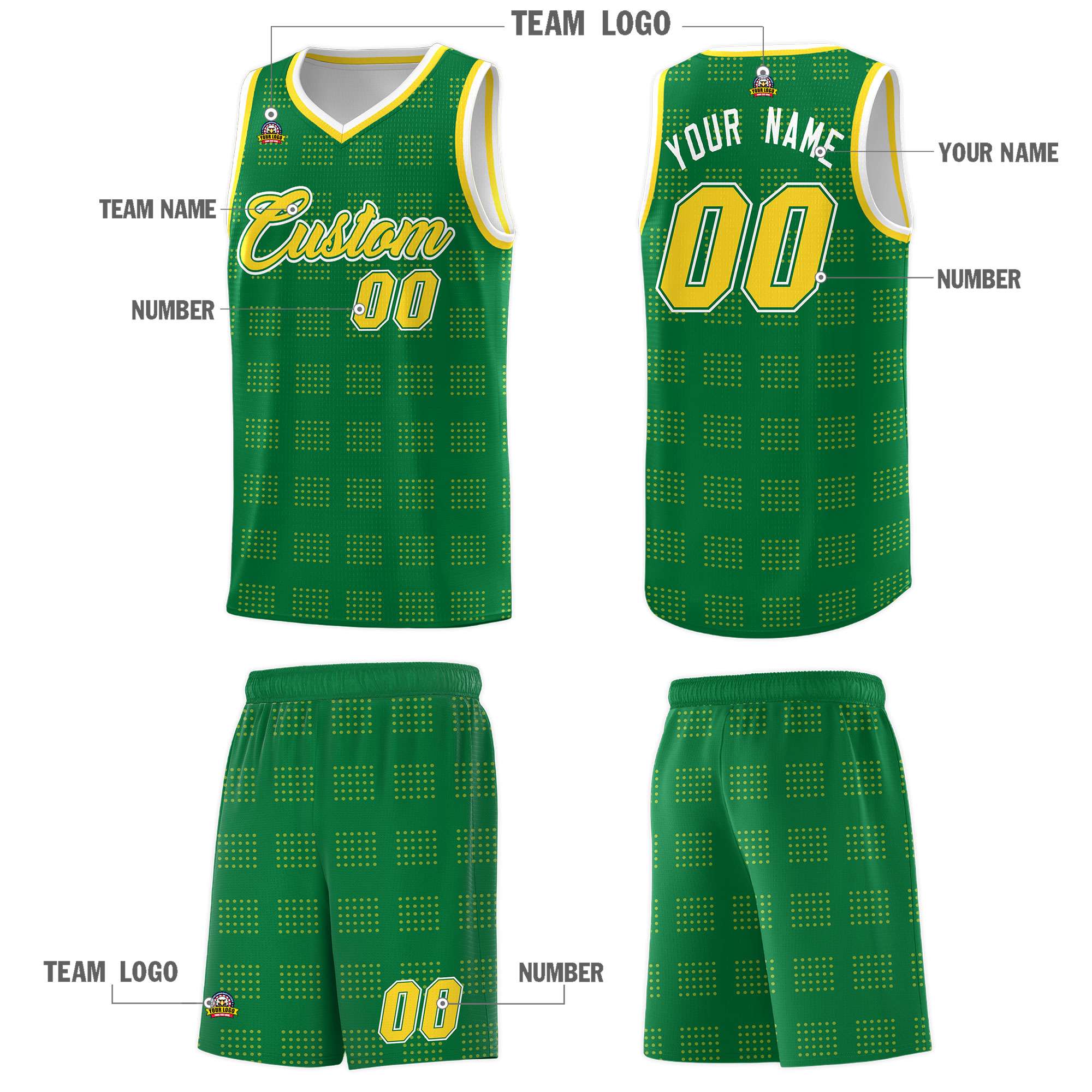 Custom Kelly Green Gold Trailblazer Dot Pattern Sports Uniform Basketball Jersey