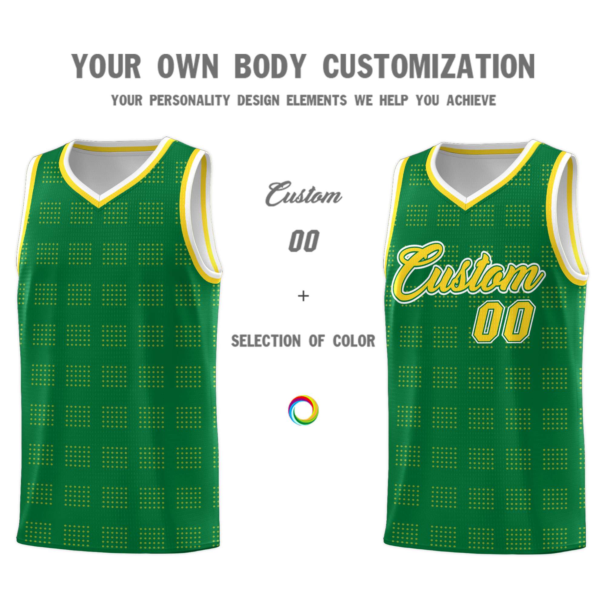 Custom Kelly Green Gold Trailblazer Dot Pattern Sports Uniform Basketball Jersey