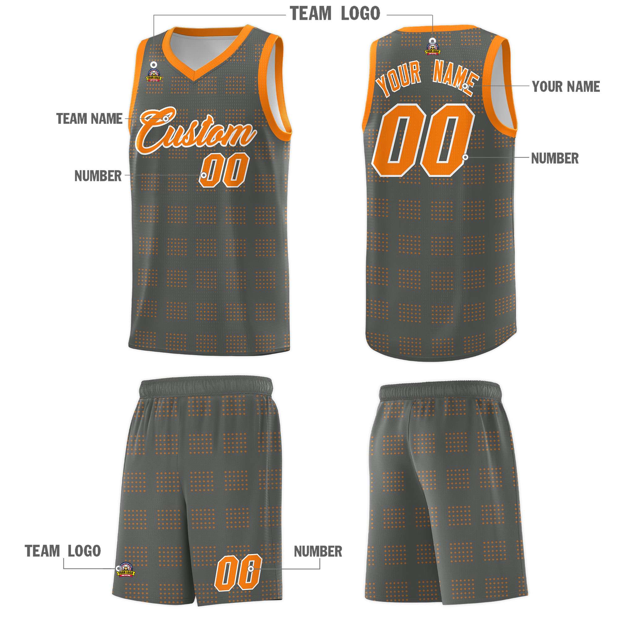 Custom Dark Gray Orange Trailblazer Dot Pattern Sports Uniform Basketball Jersey