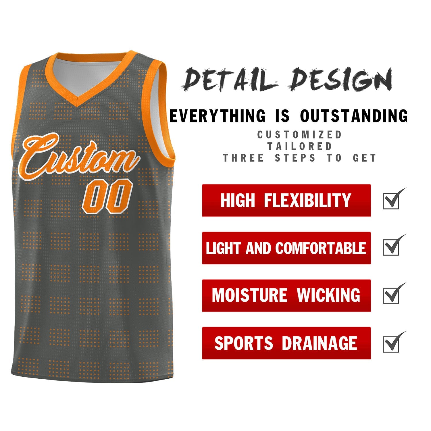 Custom Dark Gray Orange Trailblazer Dot Pattern Sports Uniform Basketball Jersey